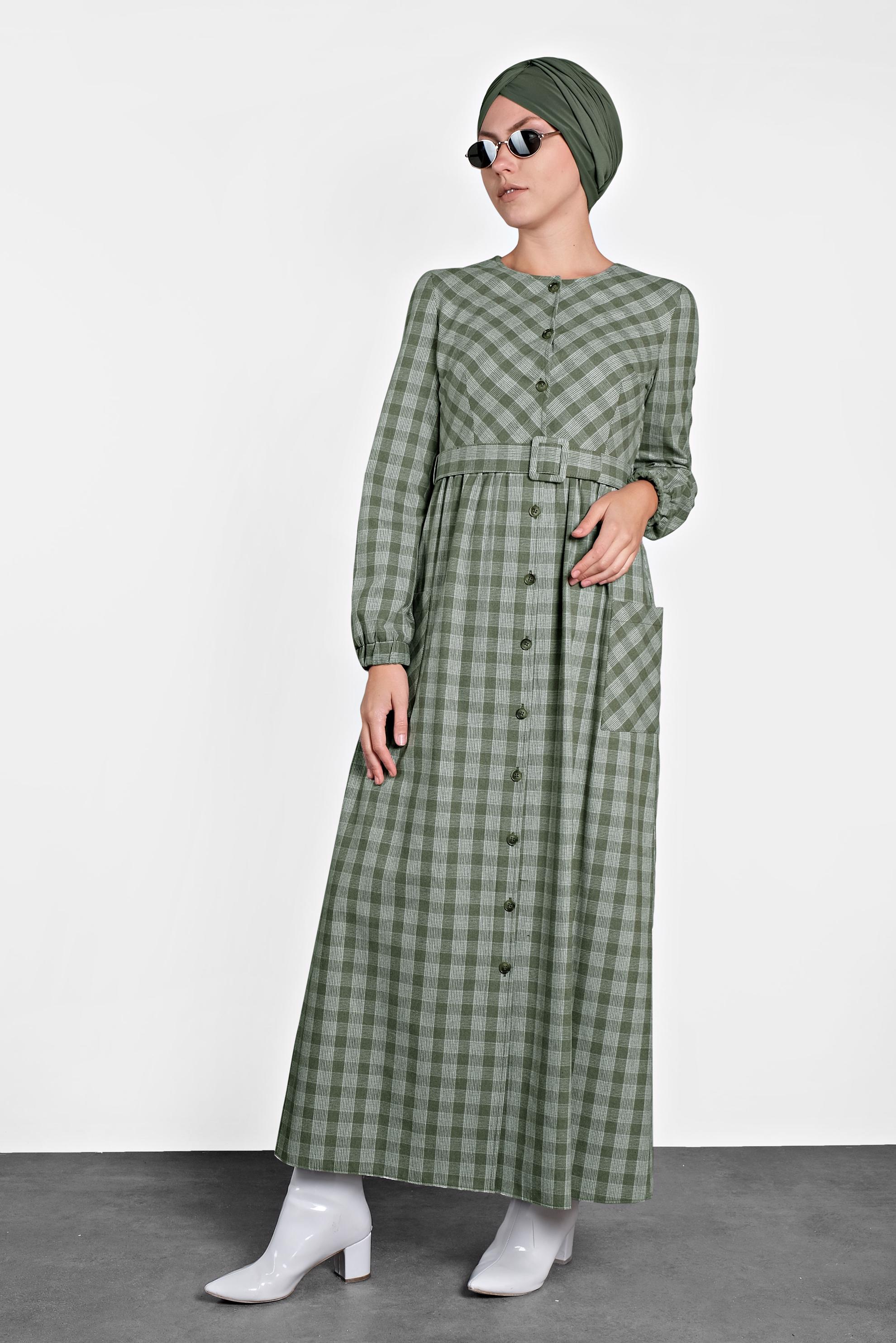 Hijab clothing KHAKI BELTED PLAID COTTON DRESS 40177 
