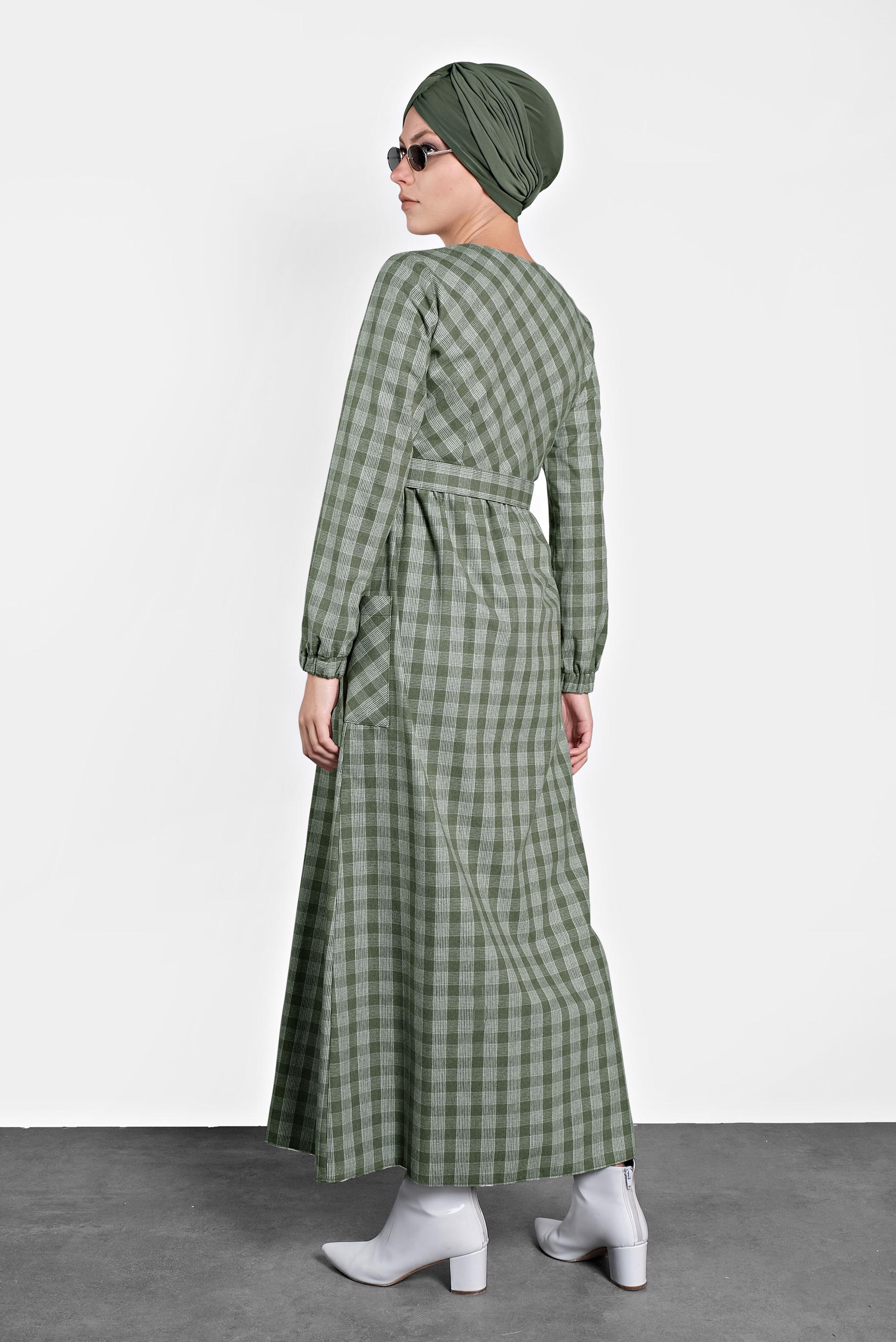 Hijab clothing KHAKI BELTED PLAID COTTON DRESS 40177 