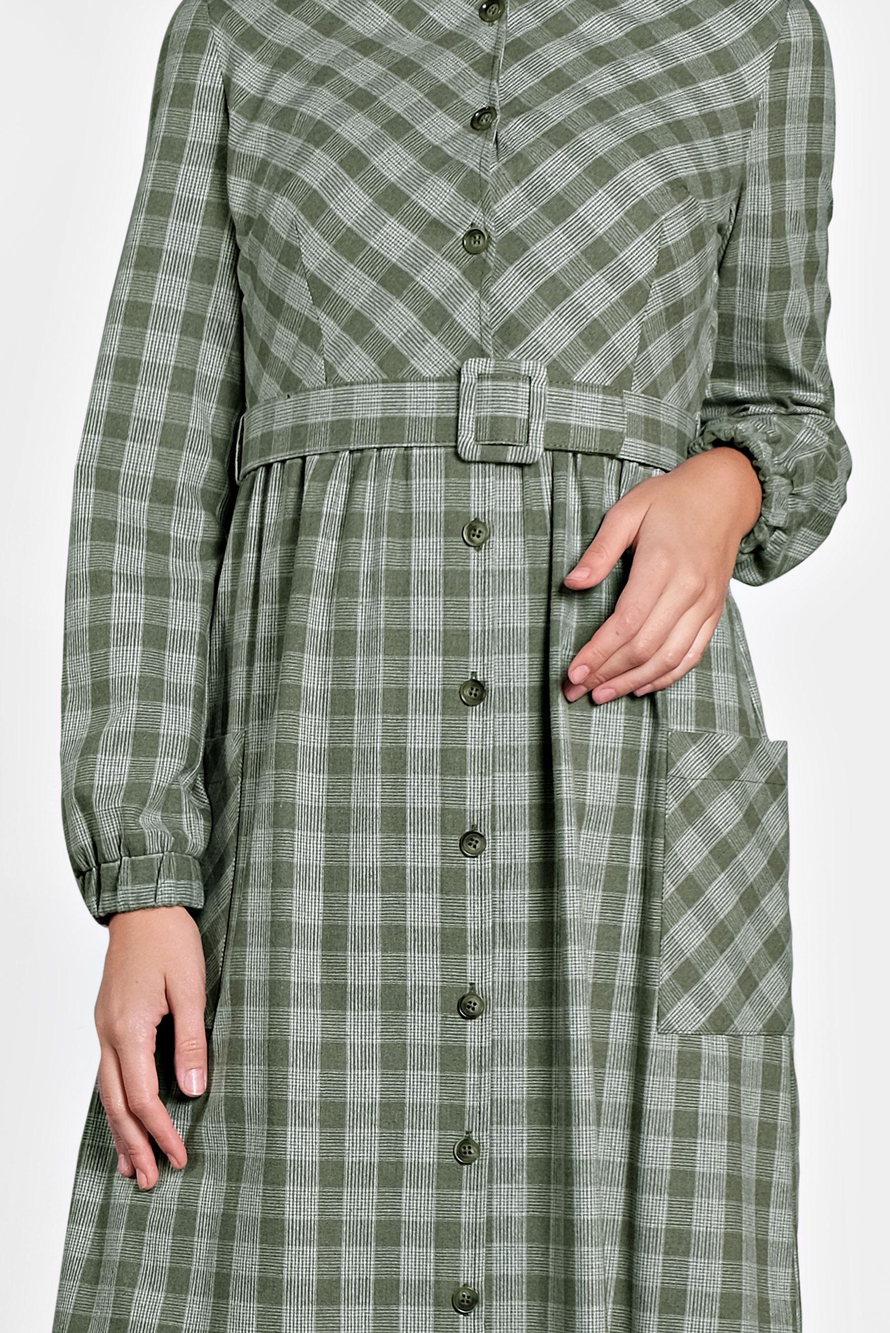 Hijab clothing KHAKI BELTED PLAID COTTON DRESS 40177 