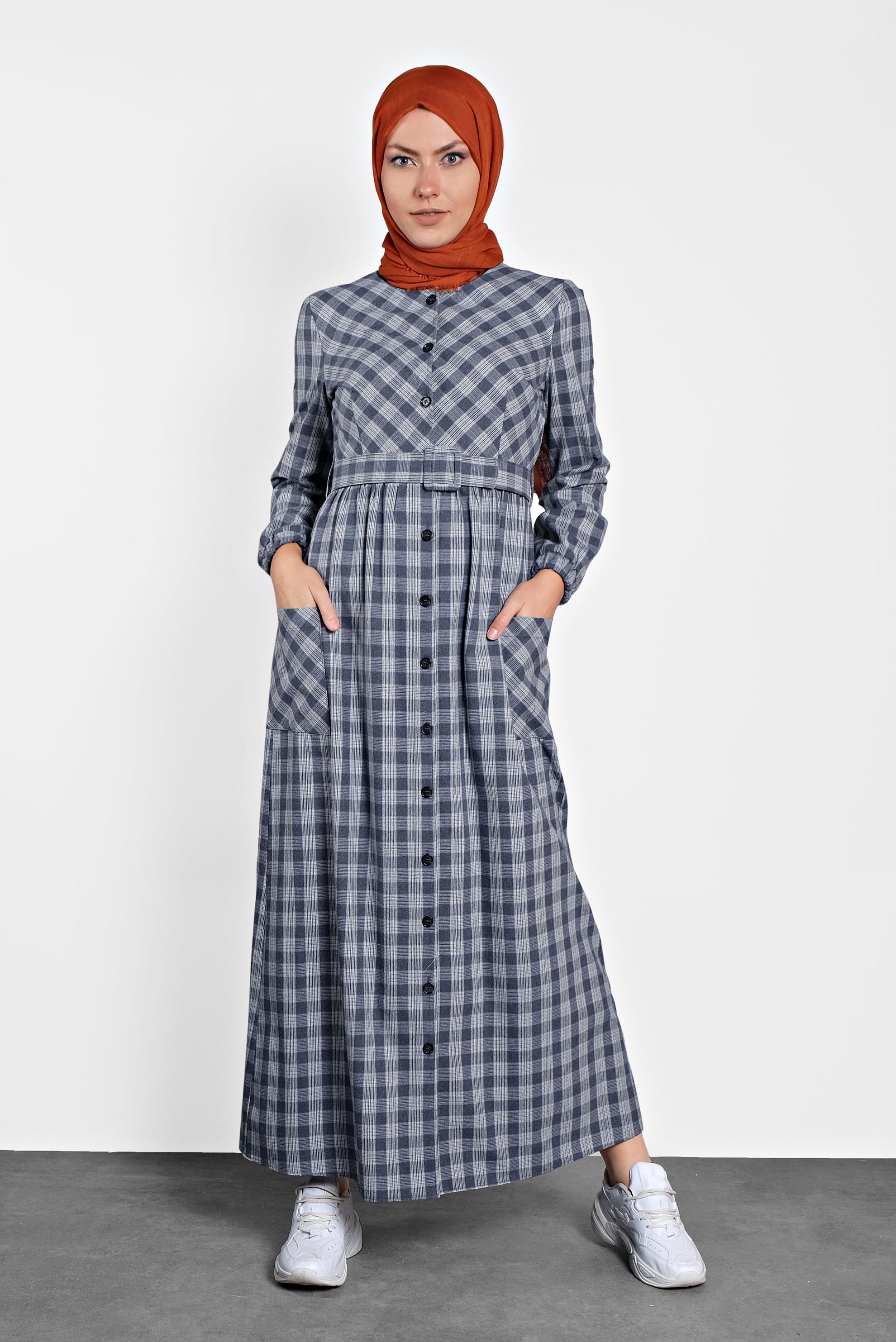 Tesettür giyim LACİVERT PAMUKLU KEMERLİ EKOSE DESEN  ELBİSE 40177 