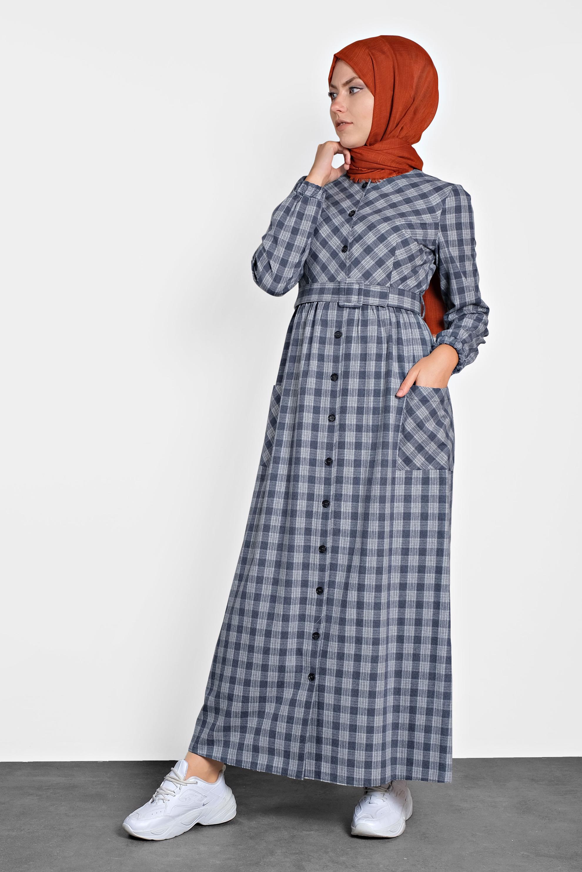 Tesettür giyim LACİVERT PAMUKLU KEMERLİ EKOSE DESEN  ELBİSE 40177 