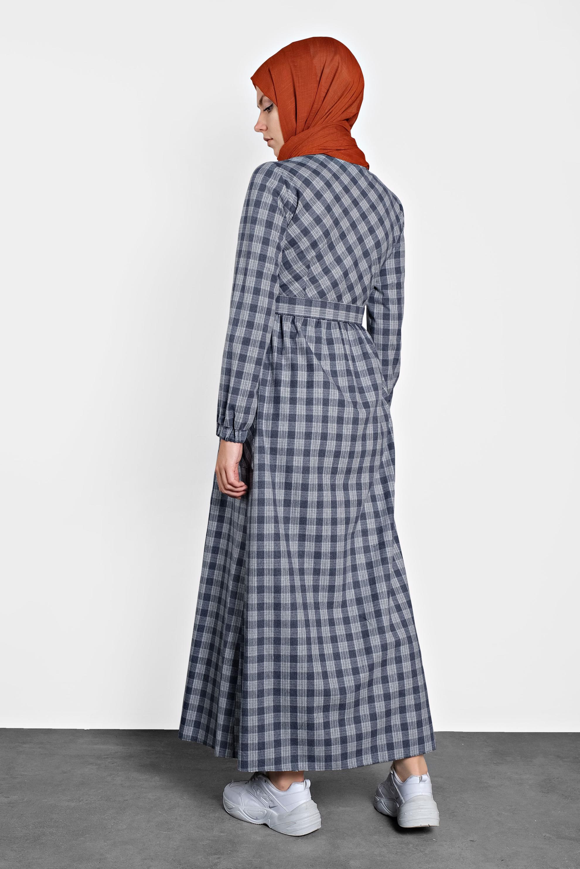 Tesettür giyim LACİVERT PAMUKLU KEMERLİ EKOSE DESEN  ELBİSE 40177 