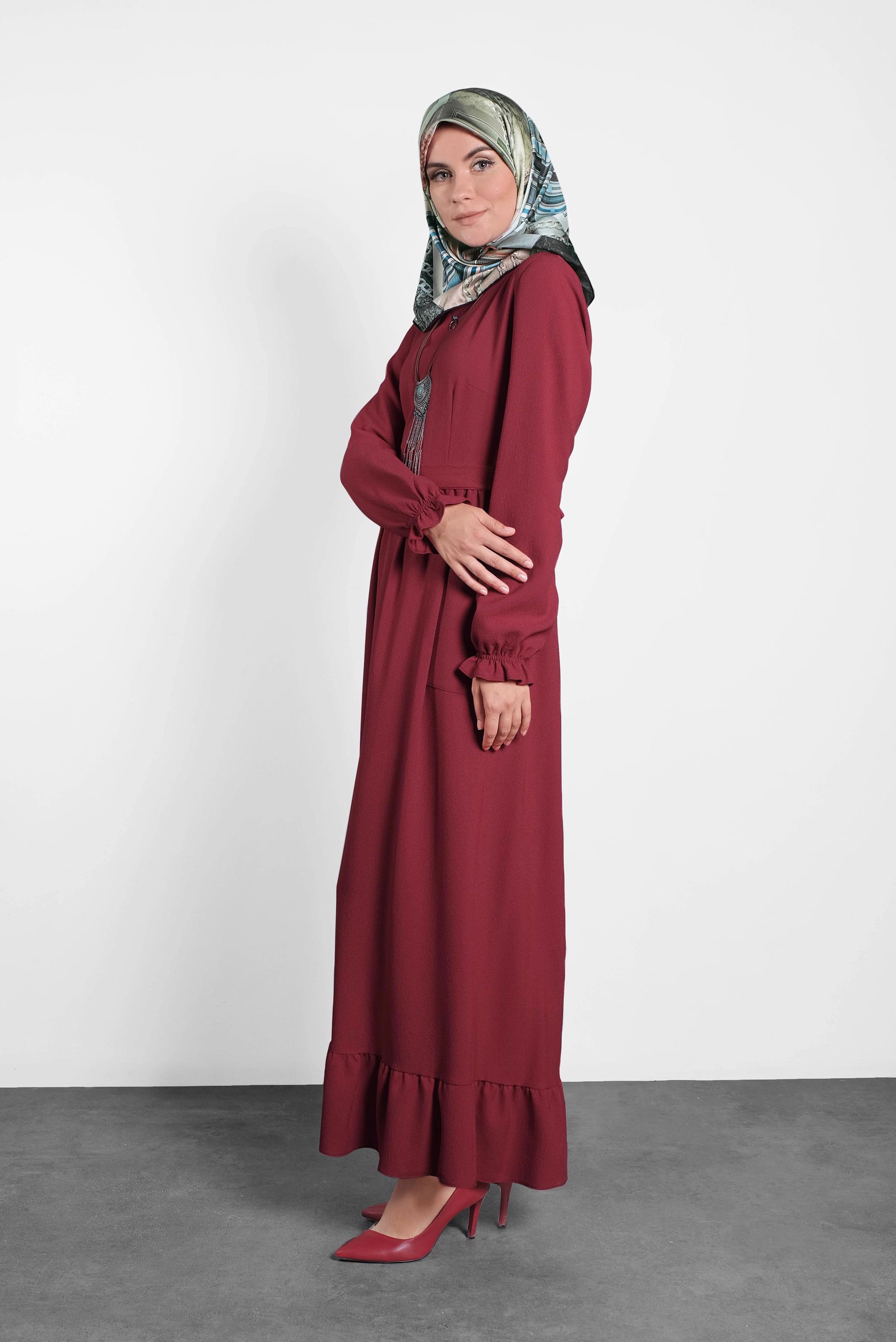 Tesettür giyim BORDO KUŞAKLI VOLANLI ELBİSE 40178 