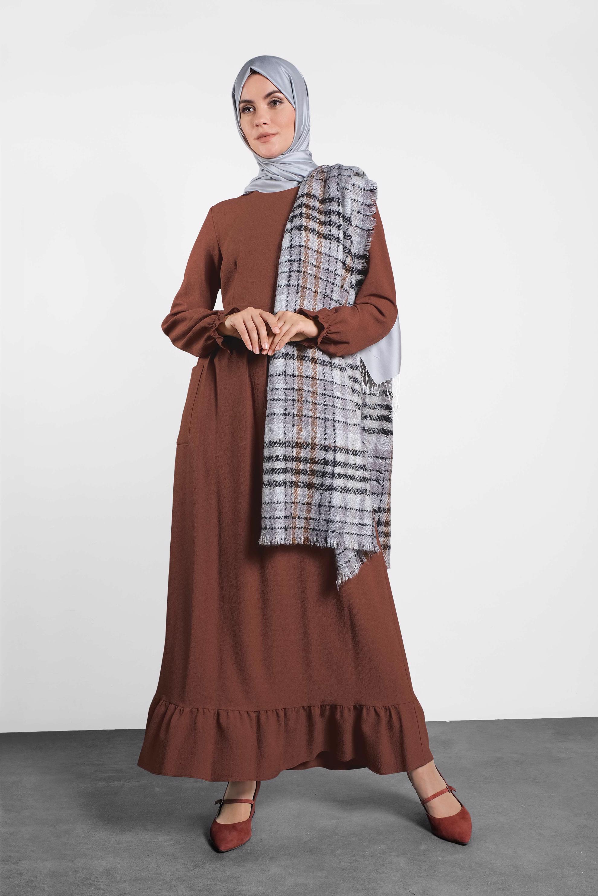 Tesettür giyim TURUNCU KUŞAKLI VOLANLI ELBİSE 40178 