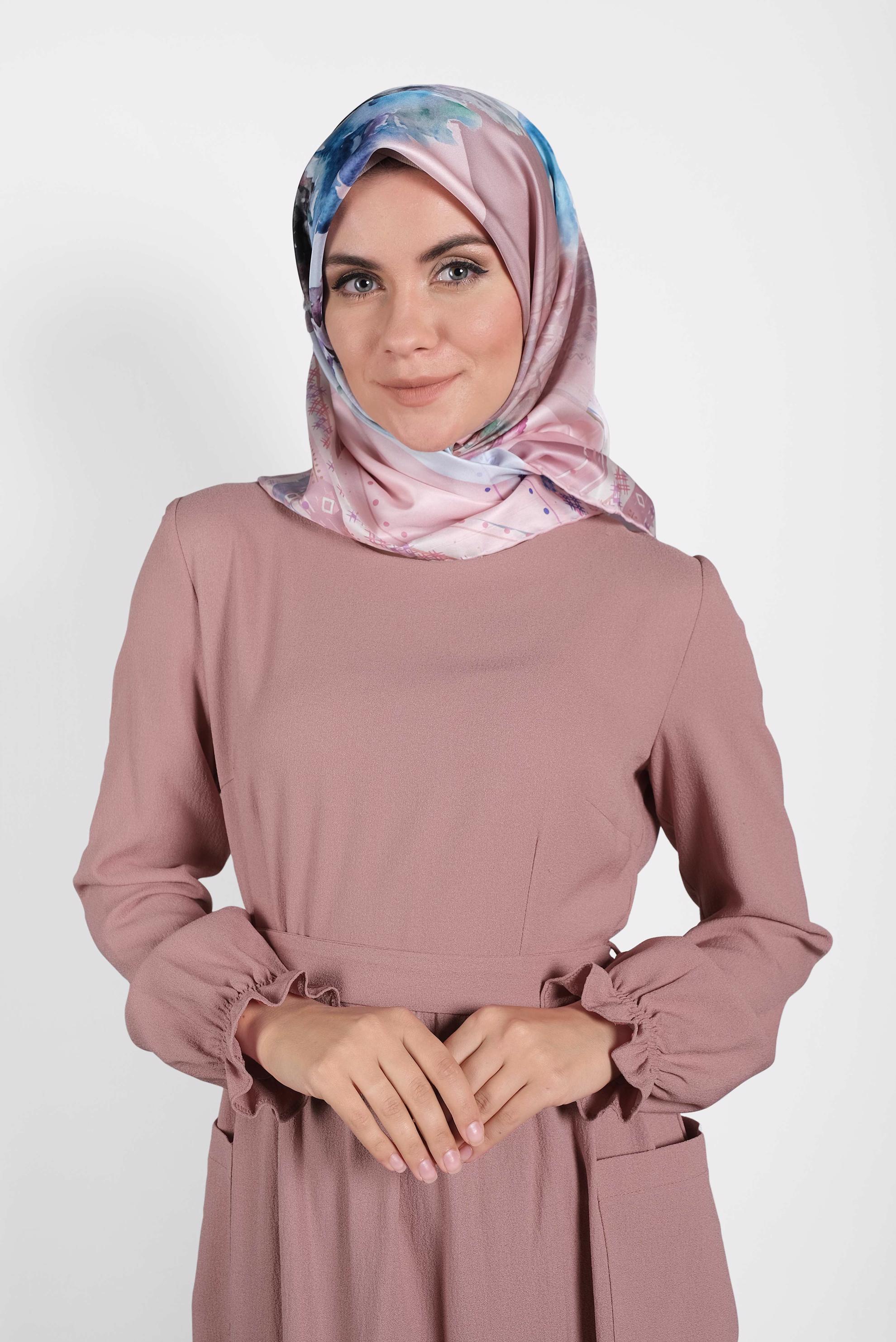 Tesettür giyim PUDRA KUŞAKLI VOLANLI ELBİSE 40178 