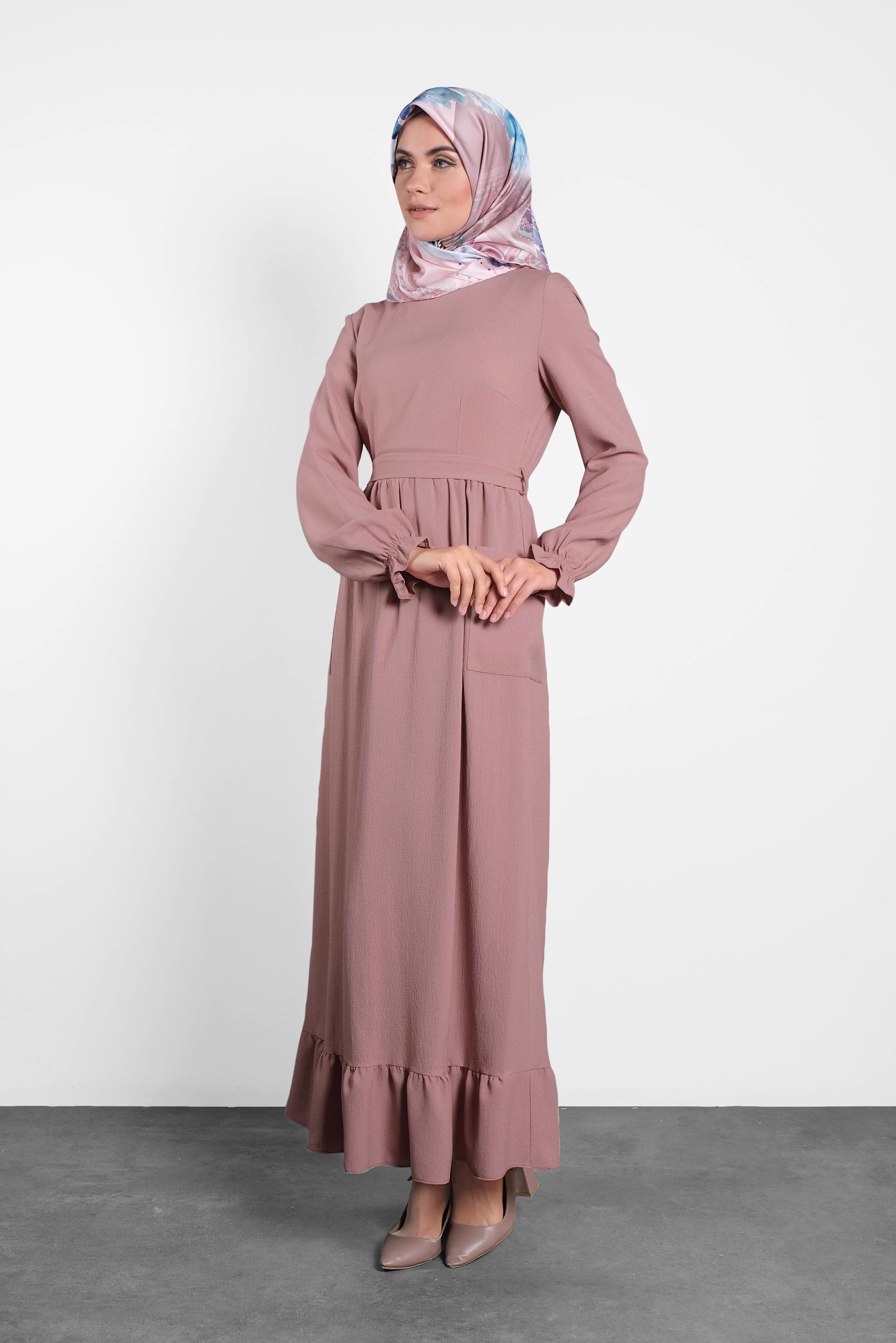 Tesettür giyim PUDRA KUŞAKLI VOLANLI ELBİSE 40178 