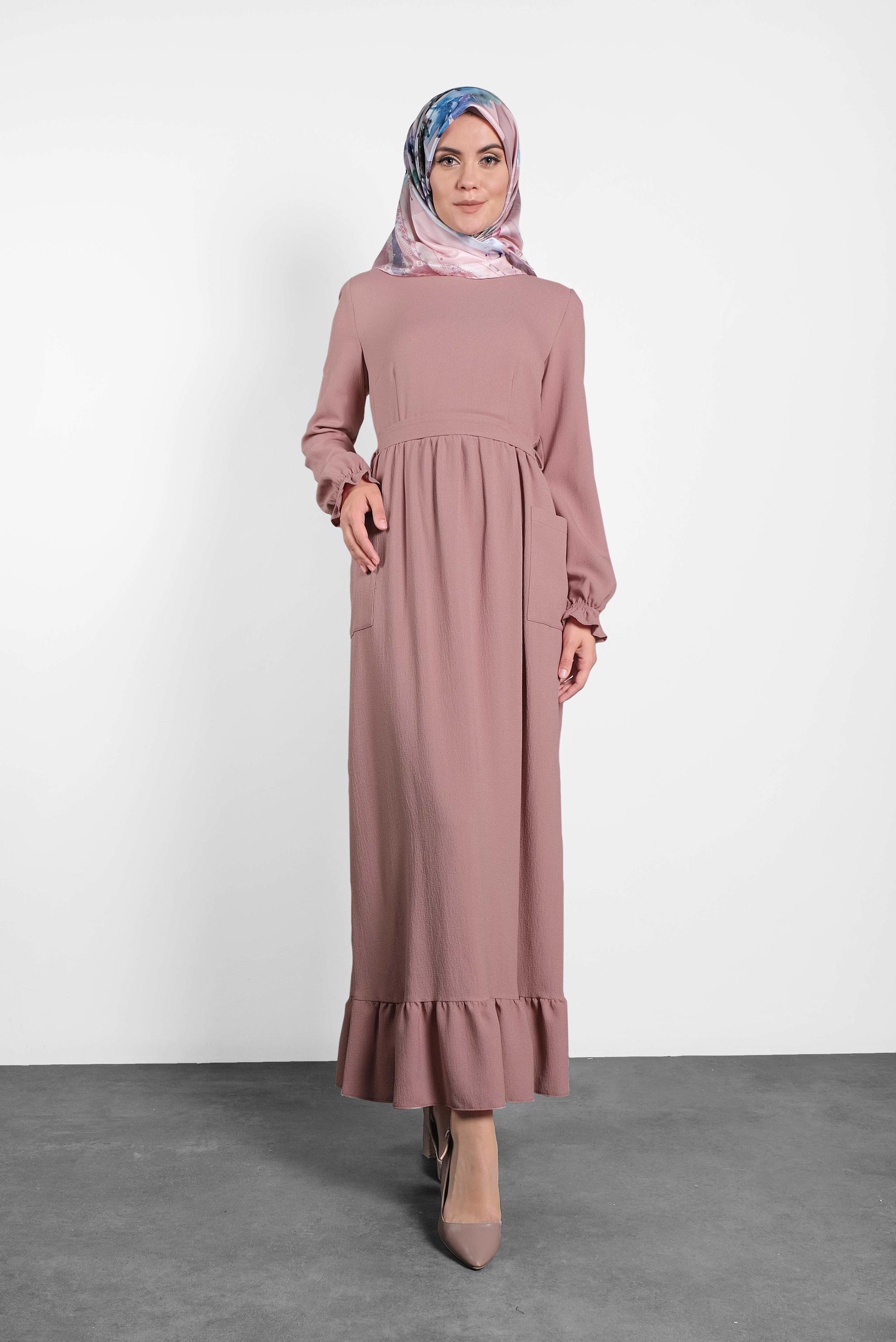 Tesettür giyim PUDRA KUŞAKLI VOLANLI ELBİSE 40178 