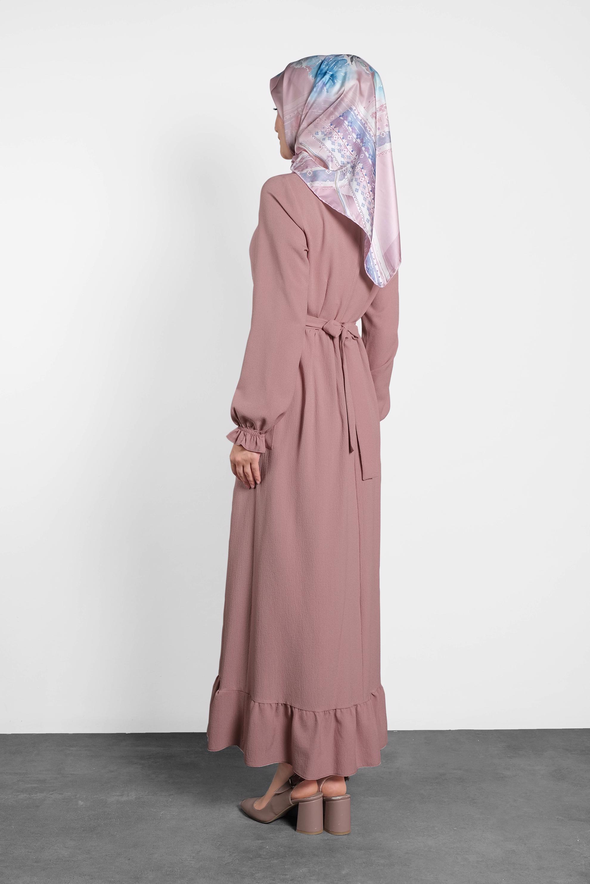 Tesettür giyim PUDRA KUŞAKLI VOLANLI ELBİSE 40178 