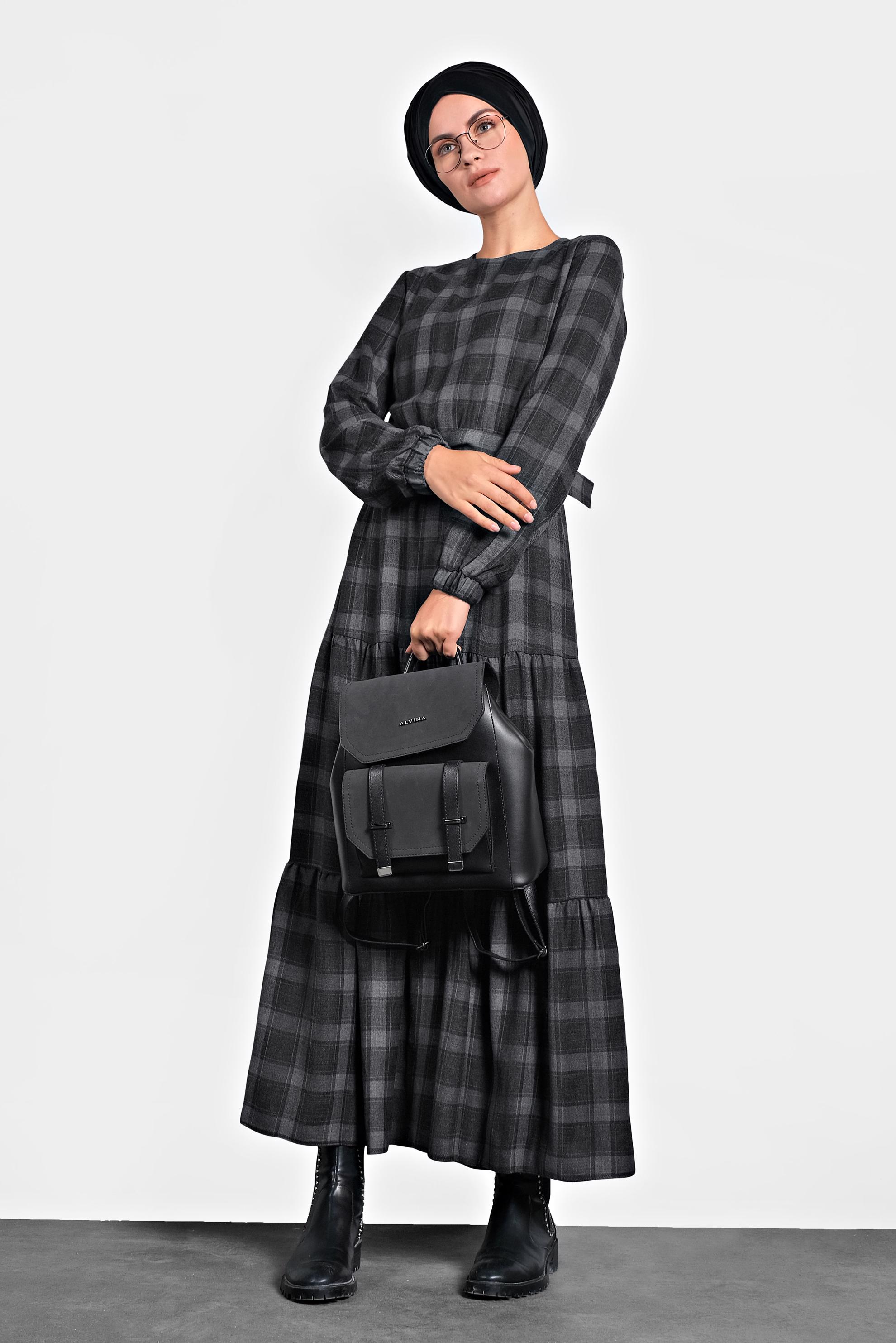 Tesettür giyim SİYAH EKOSE DESEN KEMERLİ ELBİSE 40179 