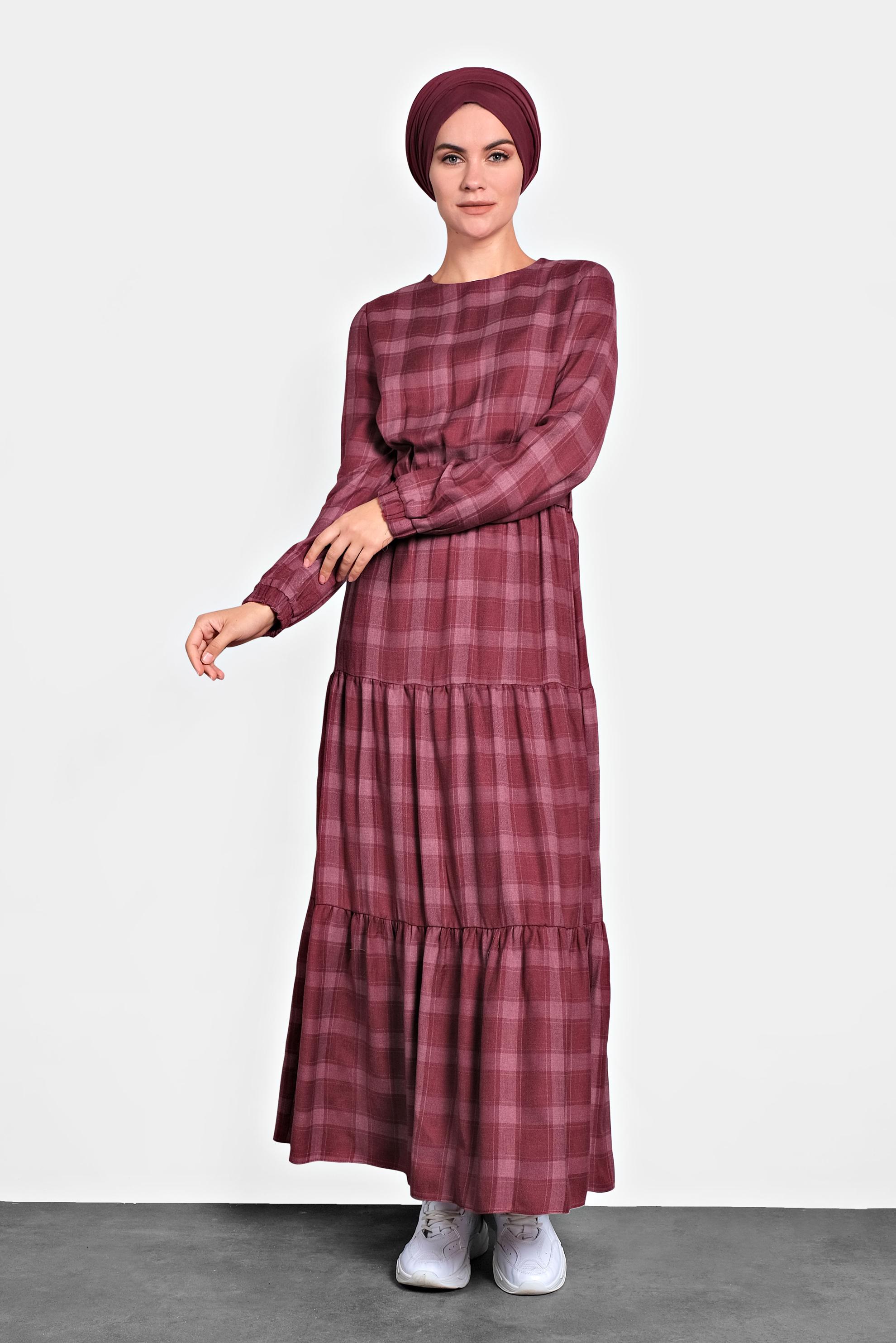 Tesettür giyim BORDO EKOSE DESEN KEMERLİ ELBİSE 40179 