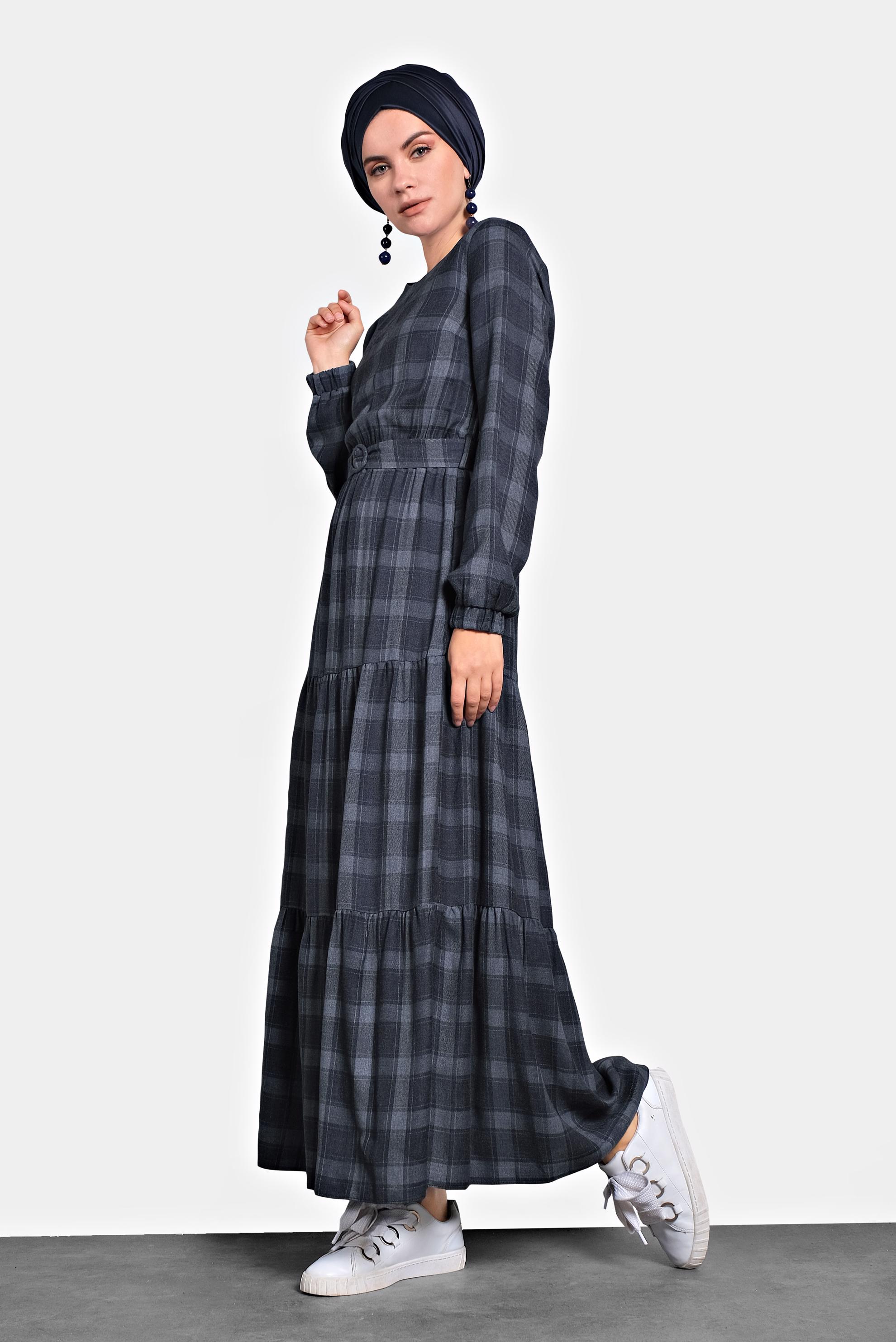 Tesettür giyim LACİVERT EKOSE DESEN KEMERLİ ELBİSE 40179 