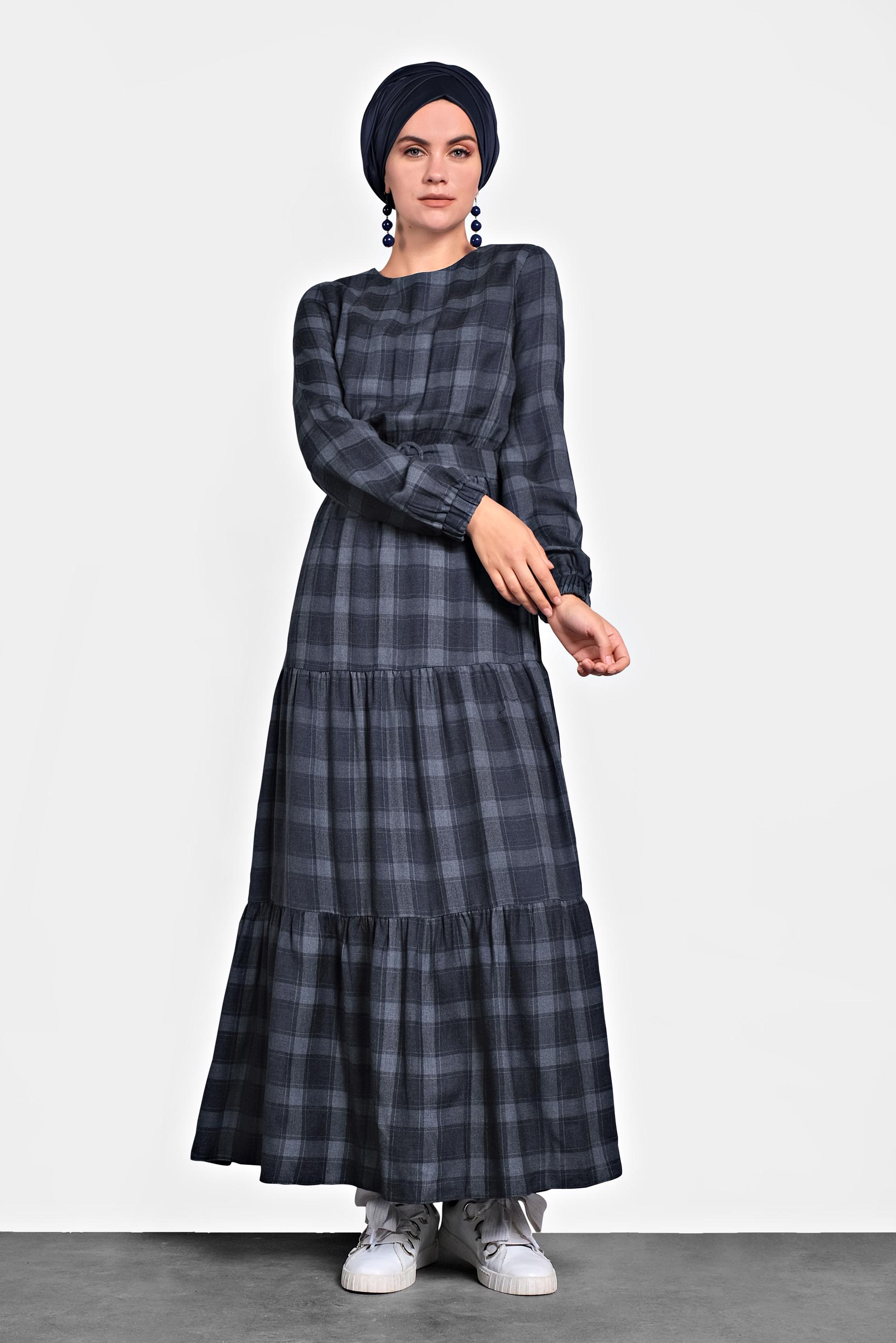 Tesettür giyim LACİVERT EKOSE DESEN KEMERLİ ELBİSE 40179 