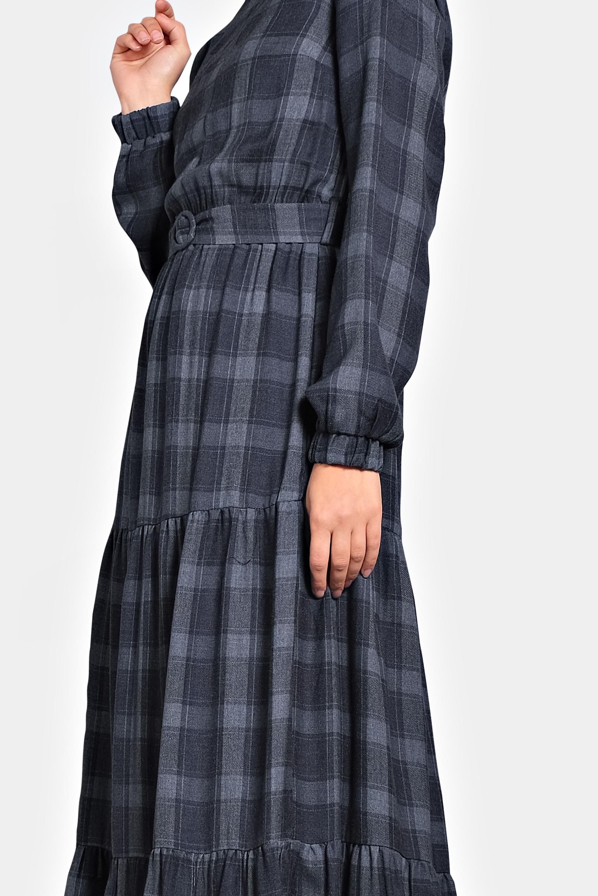 Tesettür giyim LACİVERT EKOSE DESEN KEMERLİ ELBİSE 40179 