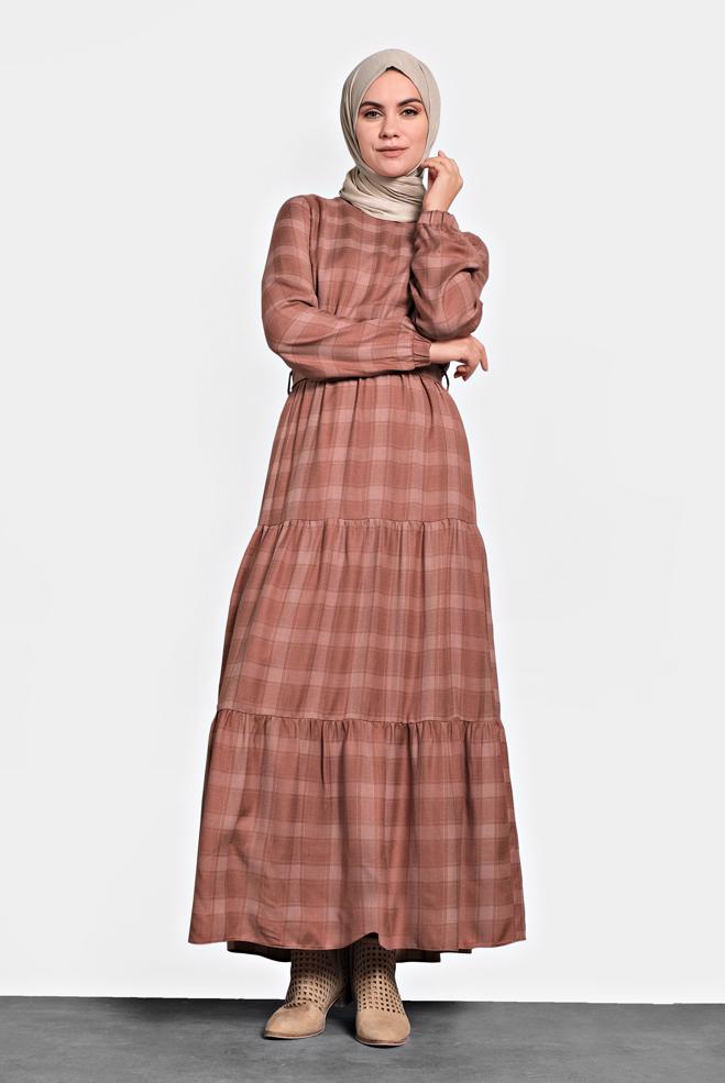 Hijab clothing  PLAIDED BELTED DRESS 40179  - ALVİNA
