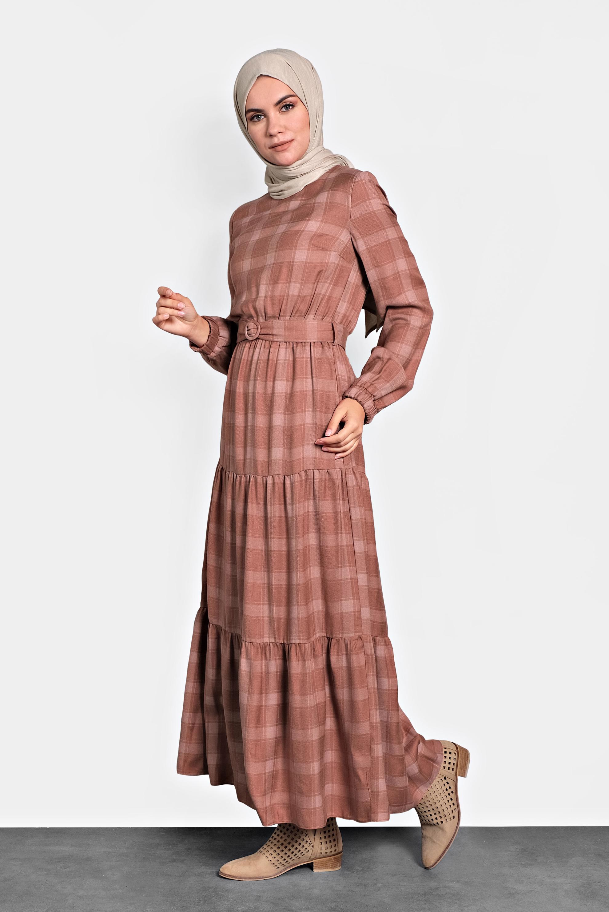 Hijab clothing TABA PLAIDED BELTED DRESS 40179 