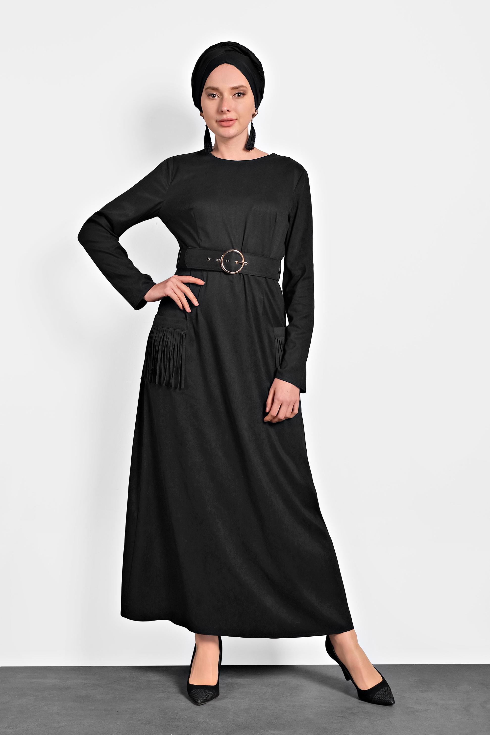 Tesettür giyim SİYAH CEPLERİ PÜSKÜLLÜ SÜET ELBİSE 40192