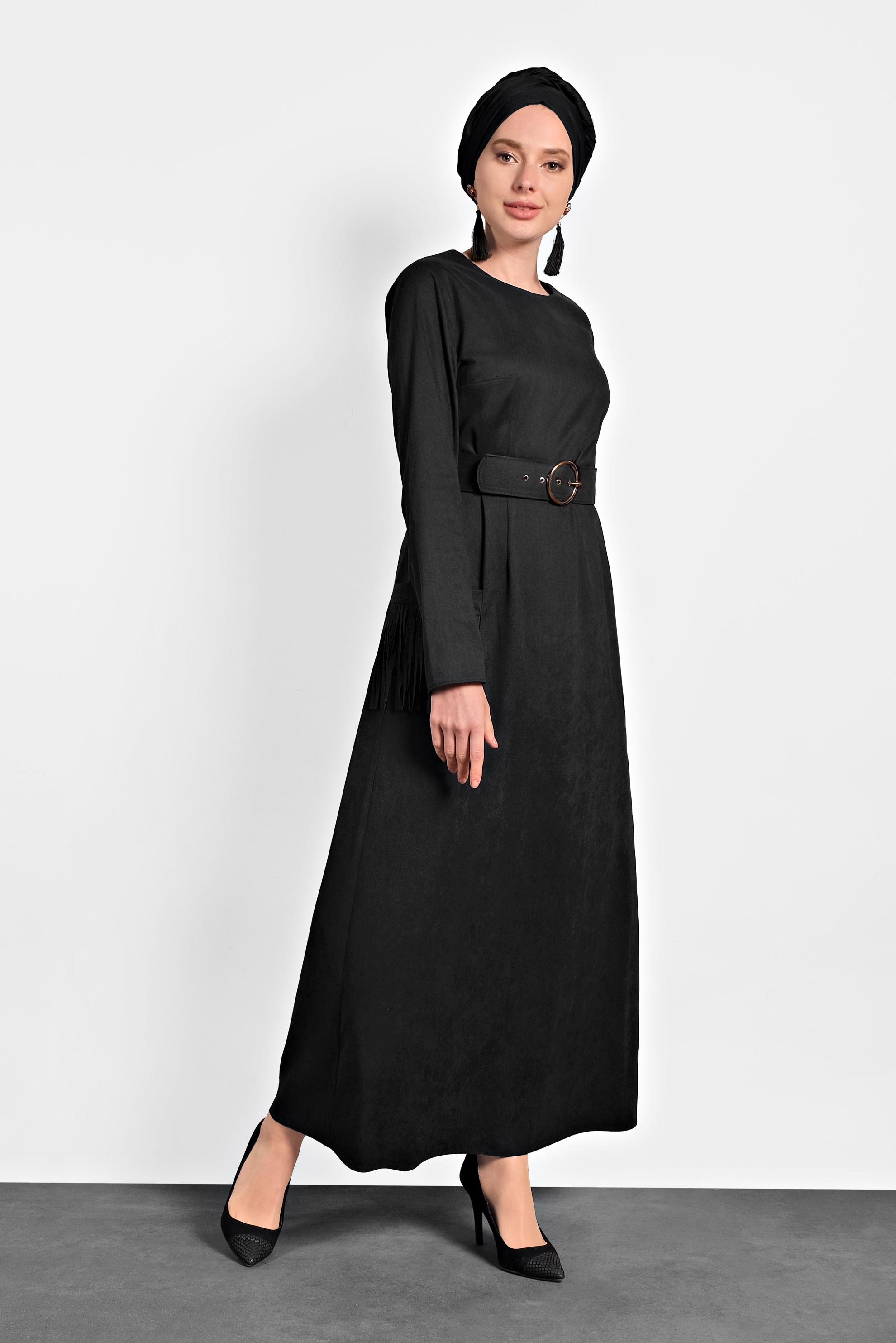 Tesettür giyim SİYAH CEPLERİ PÜSKÜLLÜ SÜET ELBİSE 40192