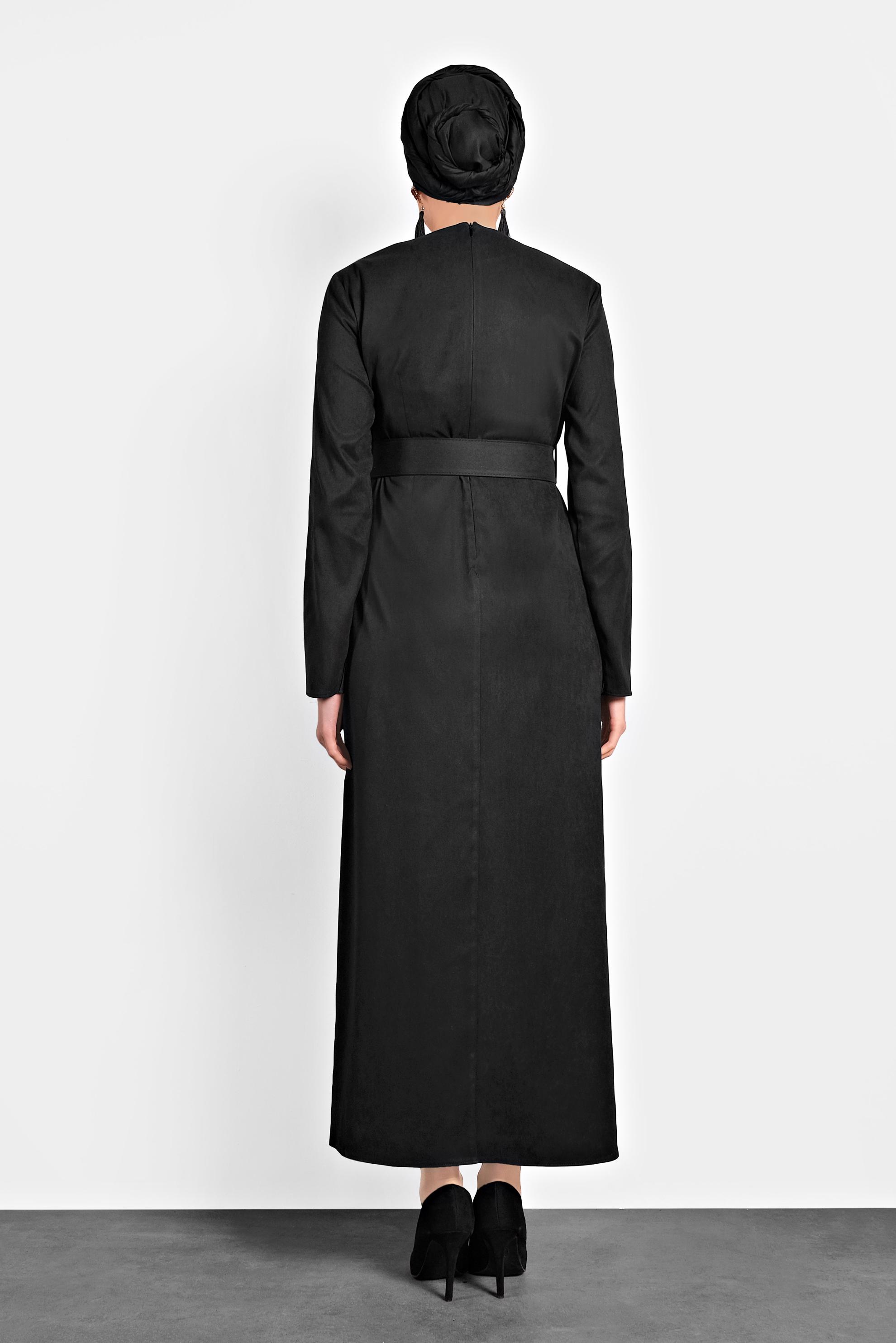 Tesettür giyim SİYAH CEPLERİ PÜSKÜLLÜ SÜET ELBİSE 40192