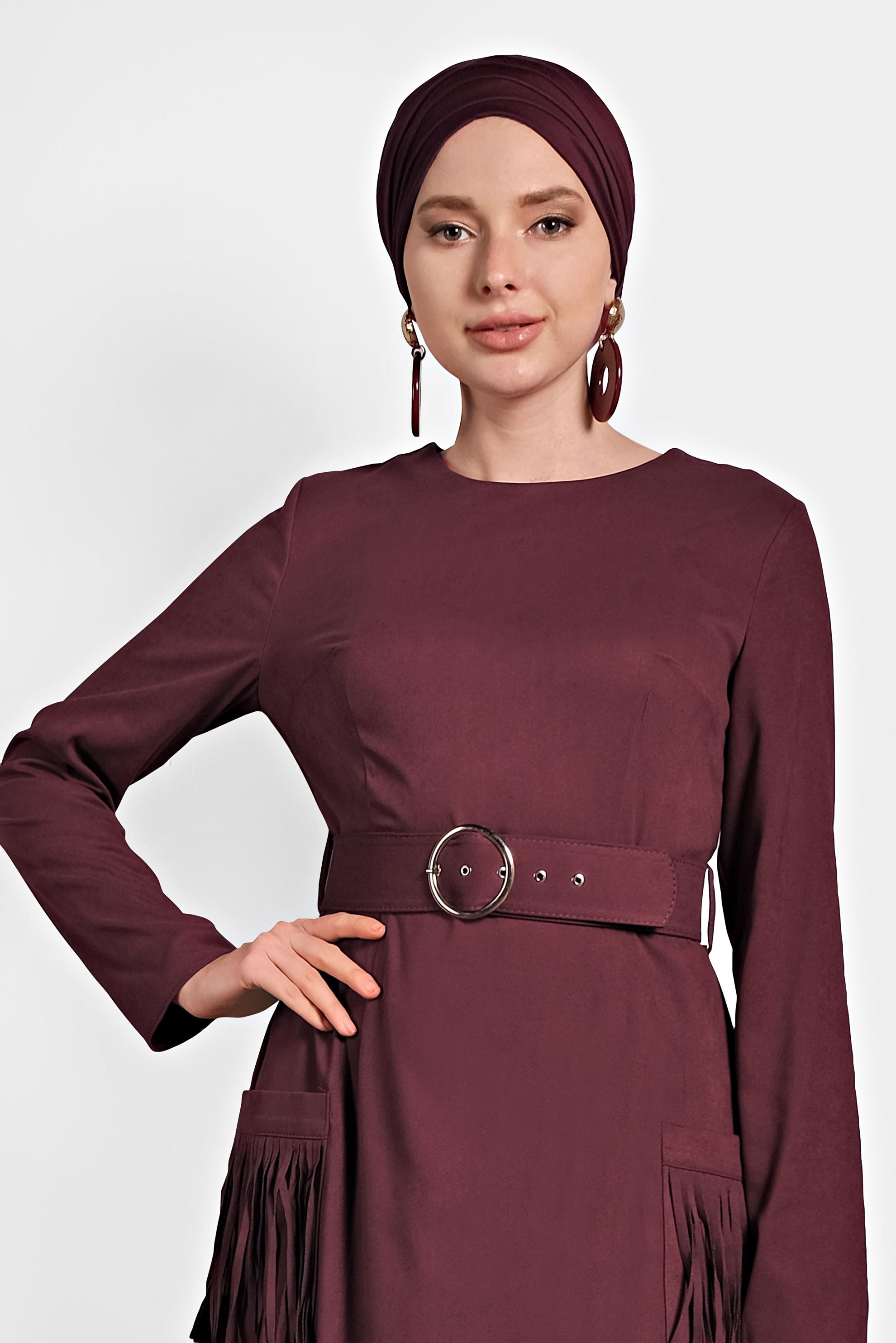 Tesettür giyim BORDO CEPLERİ PÜSKÜLLÜ SÜET ELBİSE 40192