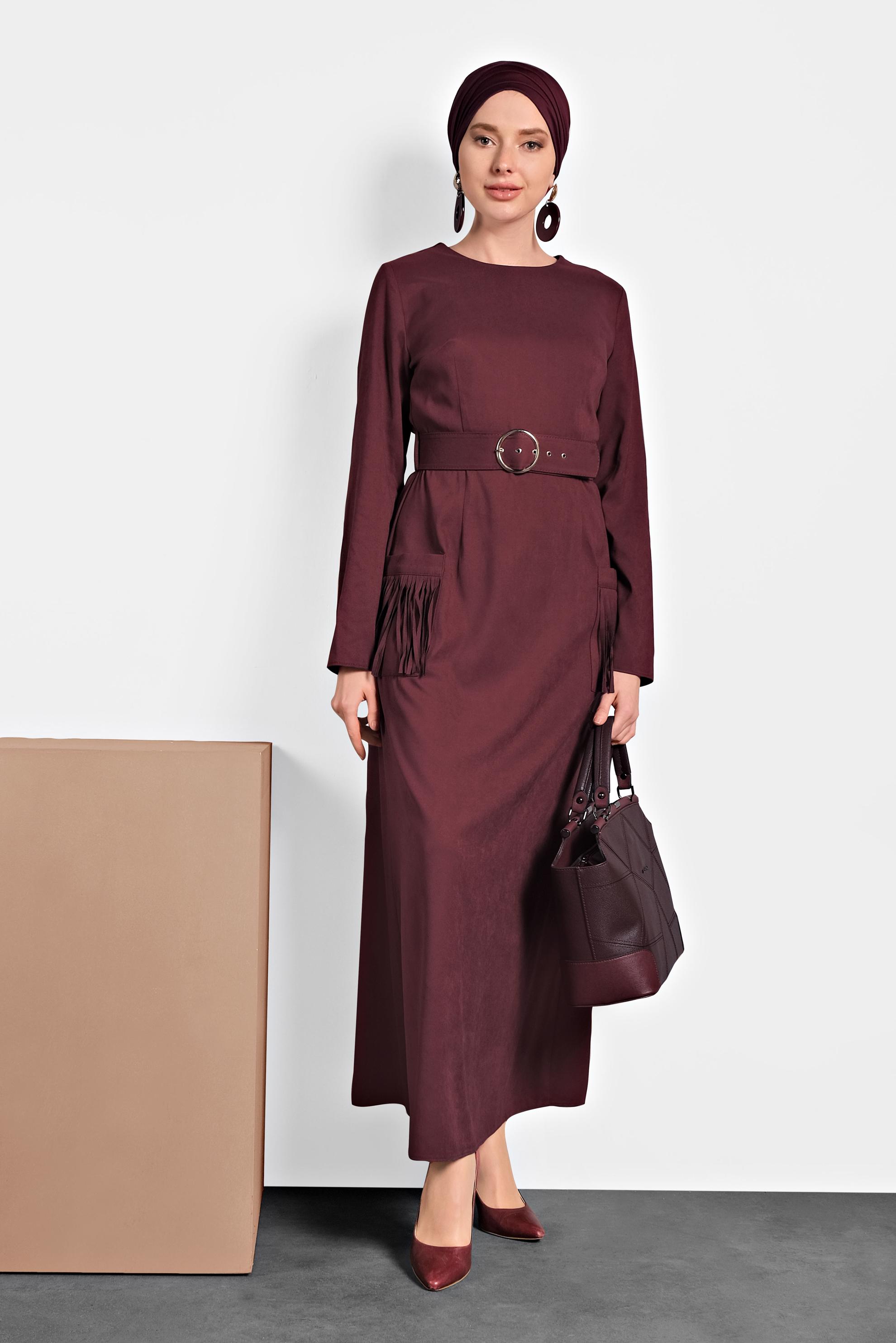 Tesettür giyim BORDO CEPLERİ PÜSKÜLLÜ SÜET ELBİSE 40192