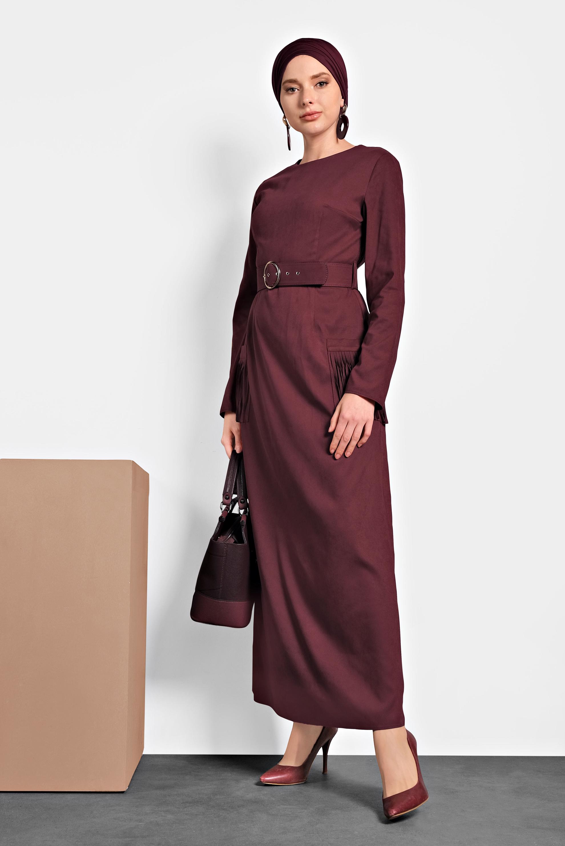 Tesettür giyim BORDO CEPLERİ PÜSKÜLLÜ SÜET ELBİSE 40192
