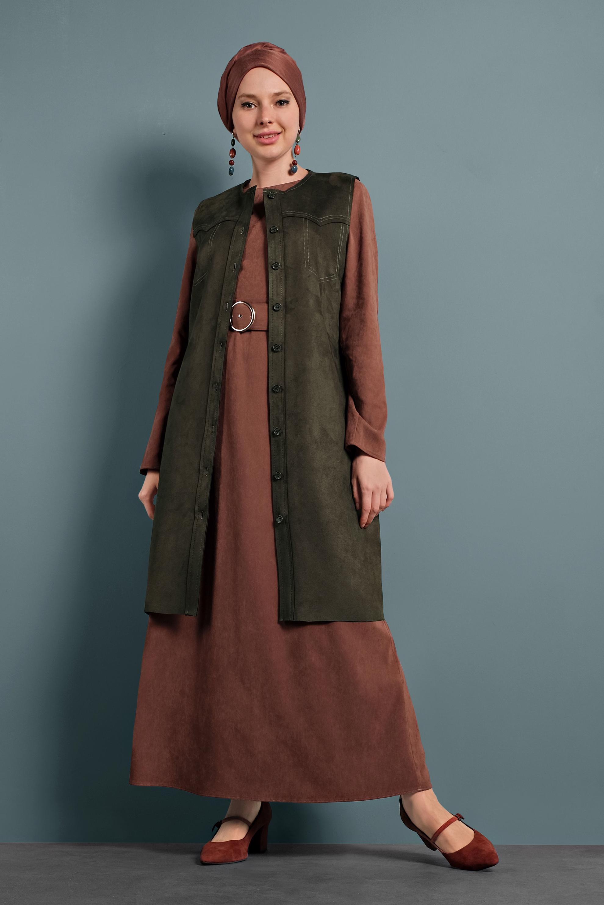 Tesettür giyim TURUNCU CEPLERİ PÜSKÜLLÜ SÜET ELBİSE 40192