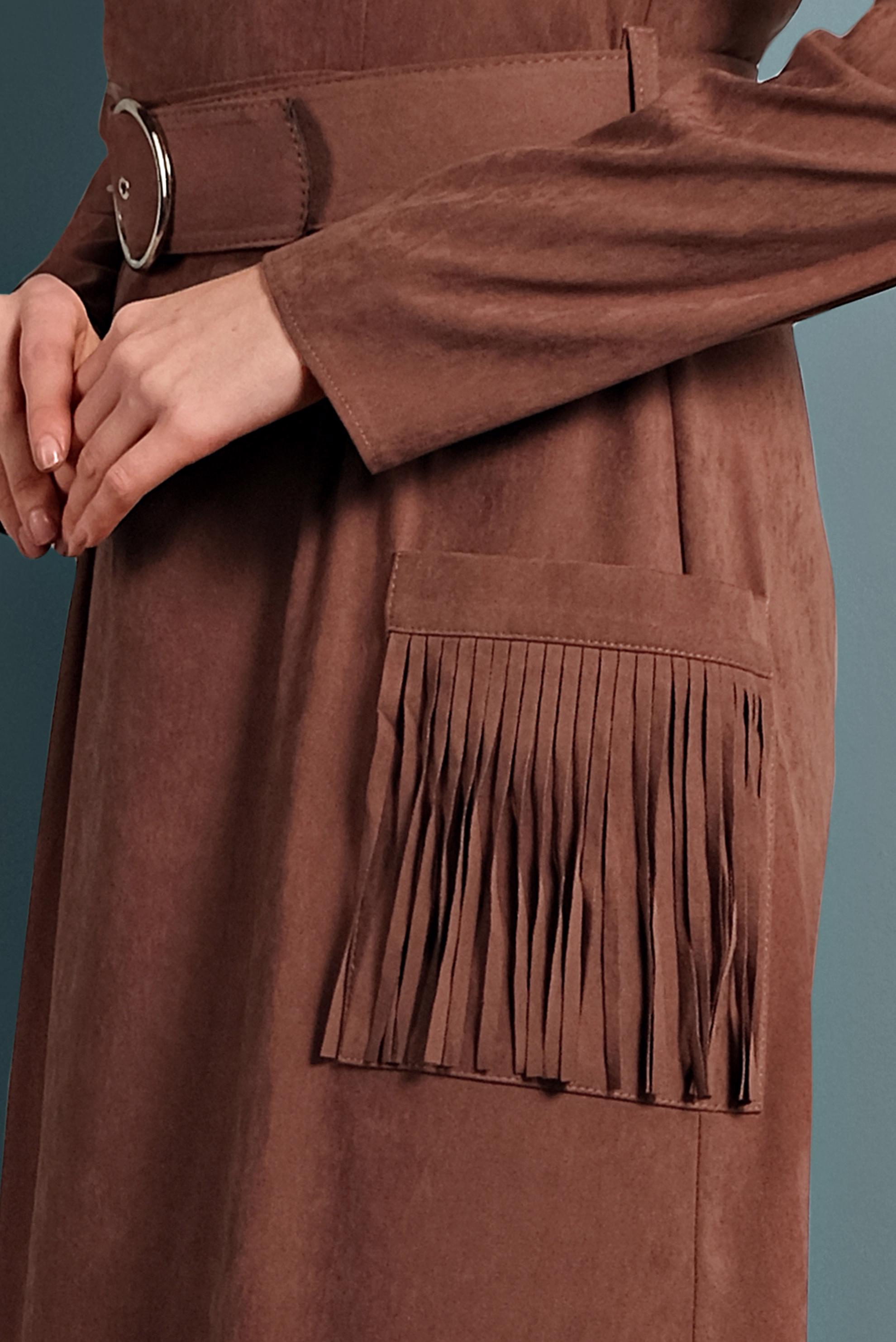 Tesettür giyim TURUNCU CEPLERİ PÜSKÜLLÜ SÜET ELBİSE 40192