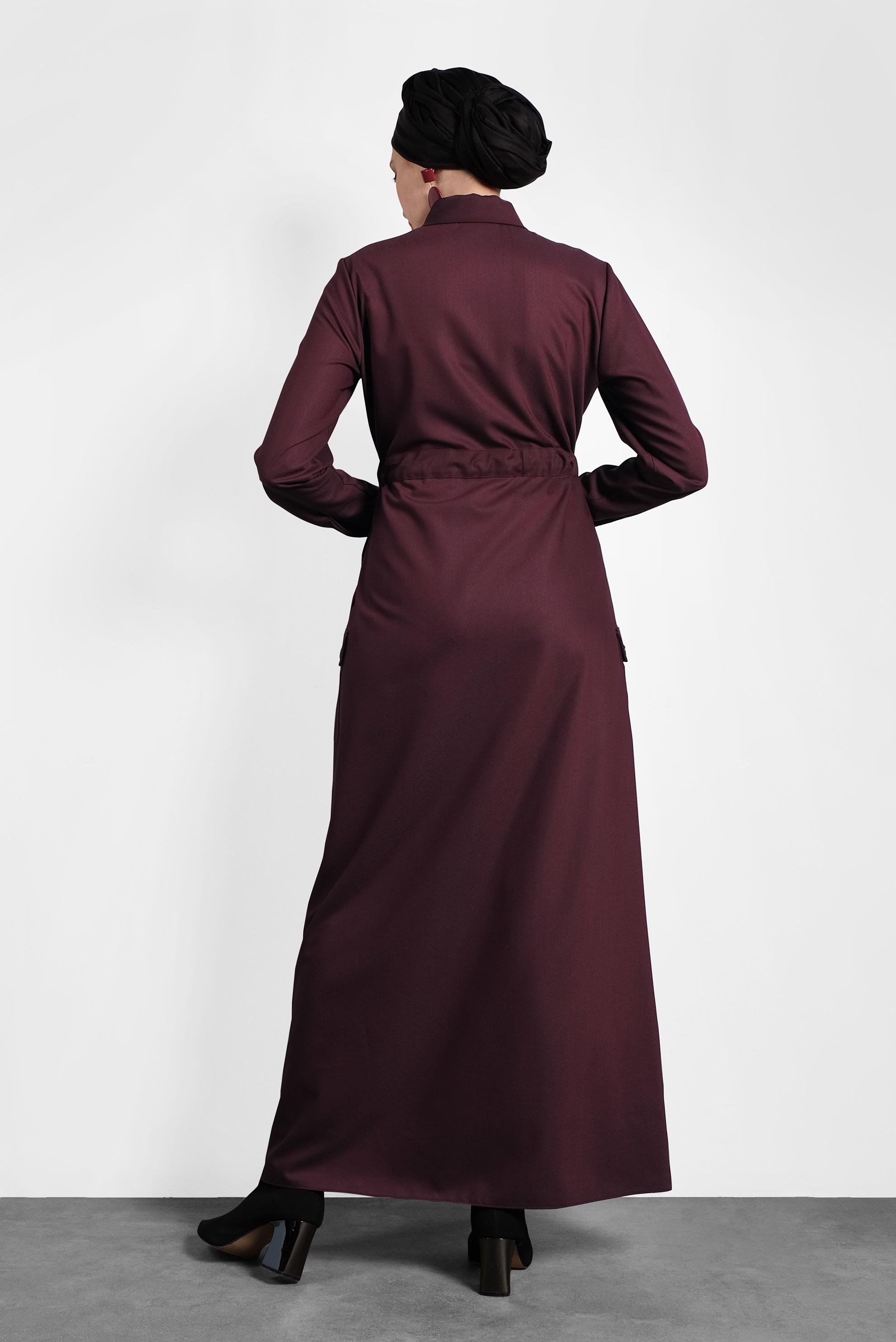 Tesettür giyim BORDO DÜĞMELİ BELDEN BAĞLAMALI ELBİSE 40194 