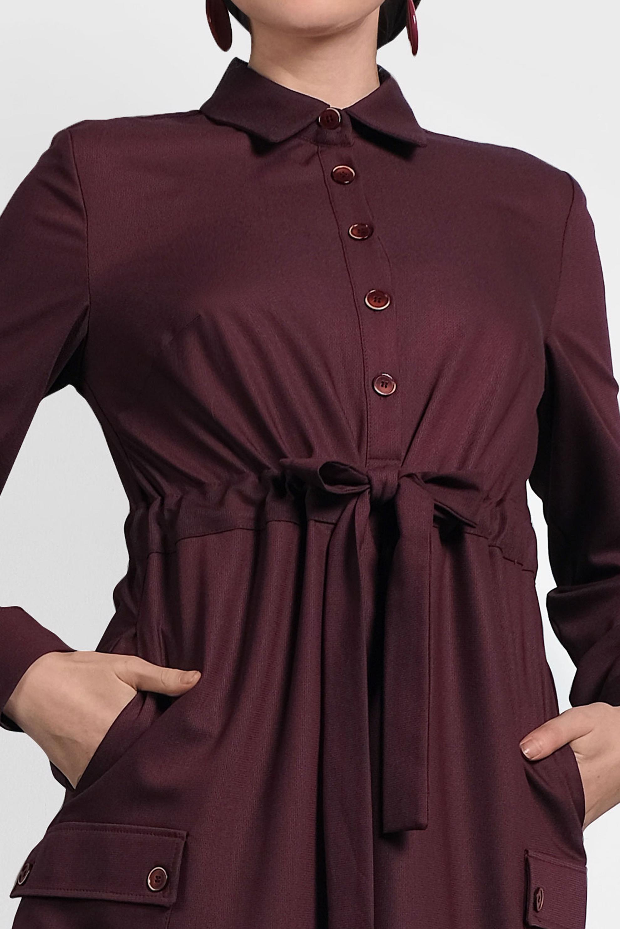 Tesettür giyim BORDO DÜĞMELİ BELDEN BAĞLAMALI ELBİSE 40194 