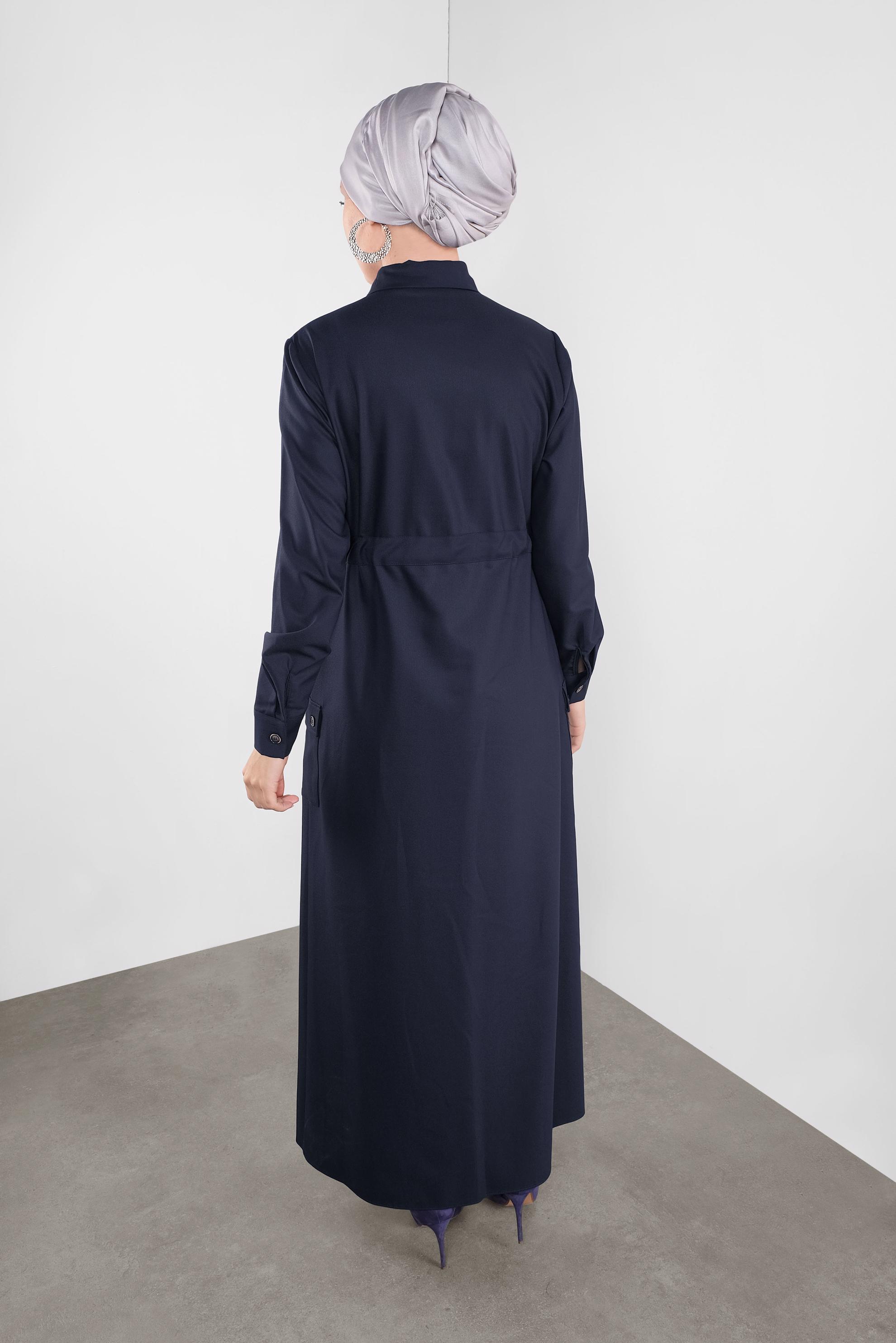 Tesettür giyim LACİVERT DÜĞMELİ BELDEN BAĞLAMALI ELBİSE 40194 