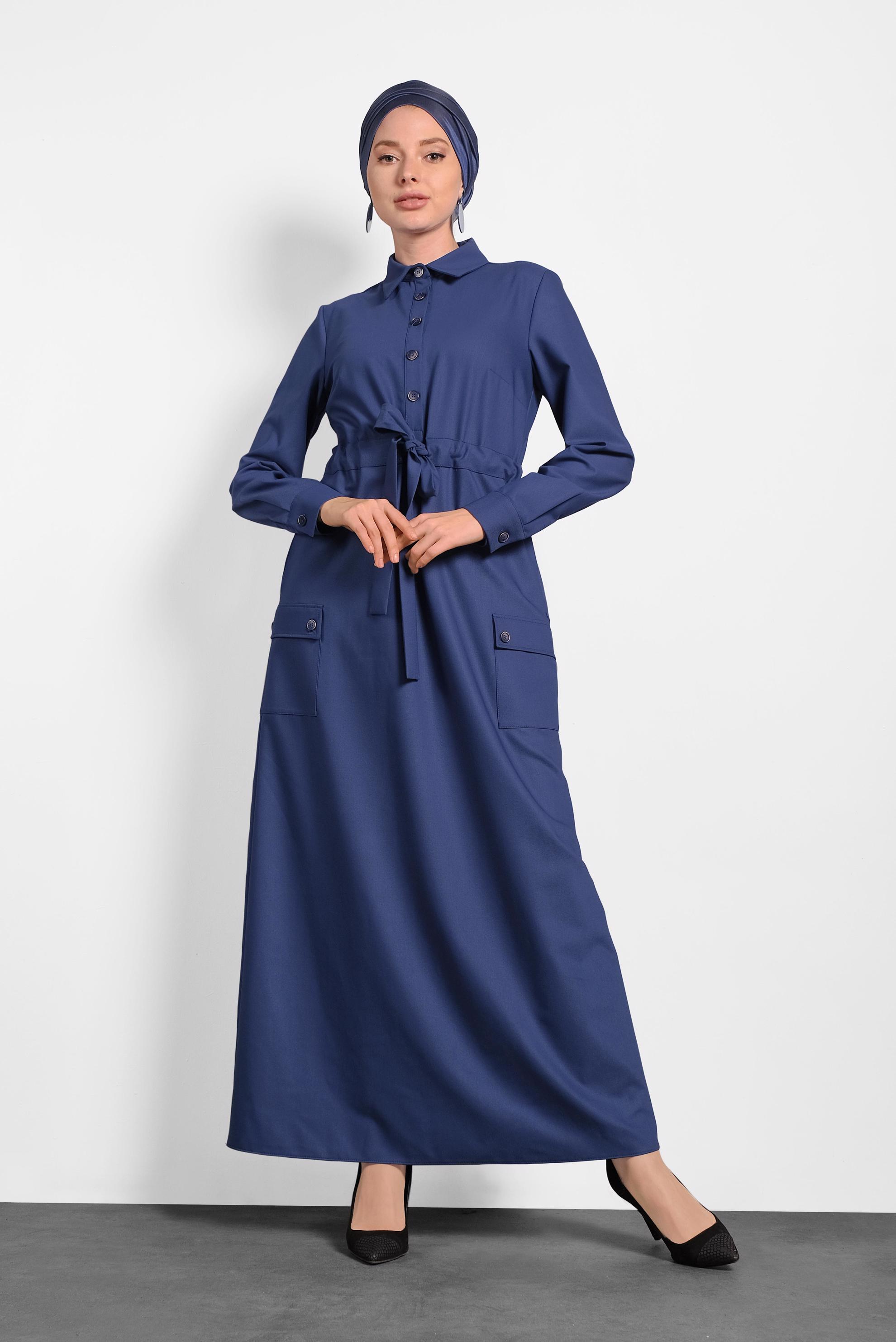 Tesettür giyim LACİVERT DÜĞMELİ BELDEN BAĞLAMALI ELBİSE 40194 