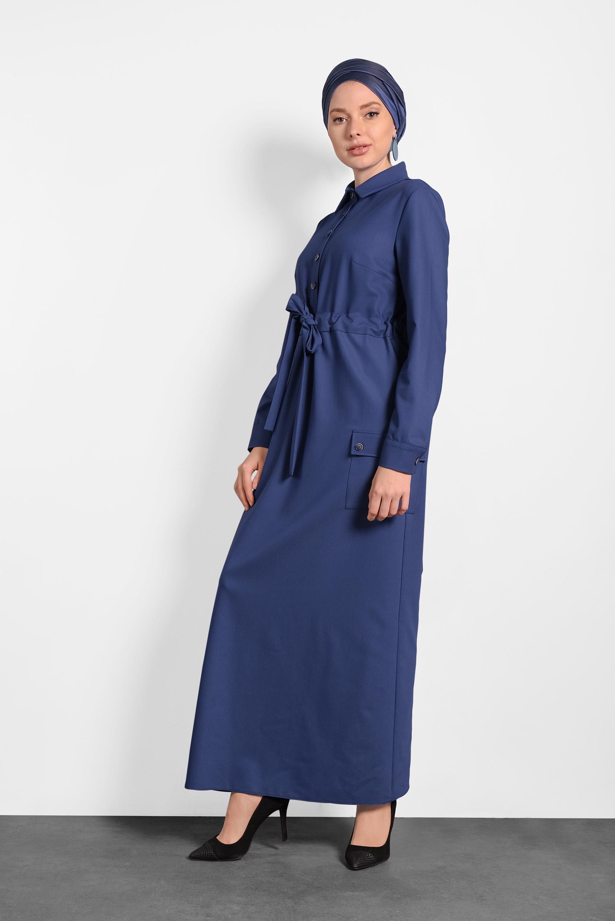 Tesettür giyim LACİVERT DÜĞMELİ BELDEN BAĞLAMALI ELBİSE 40194 