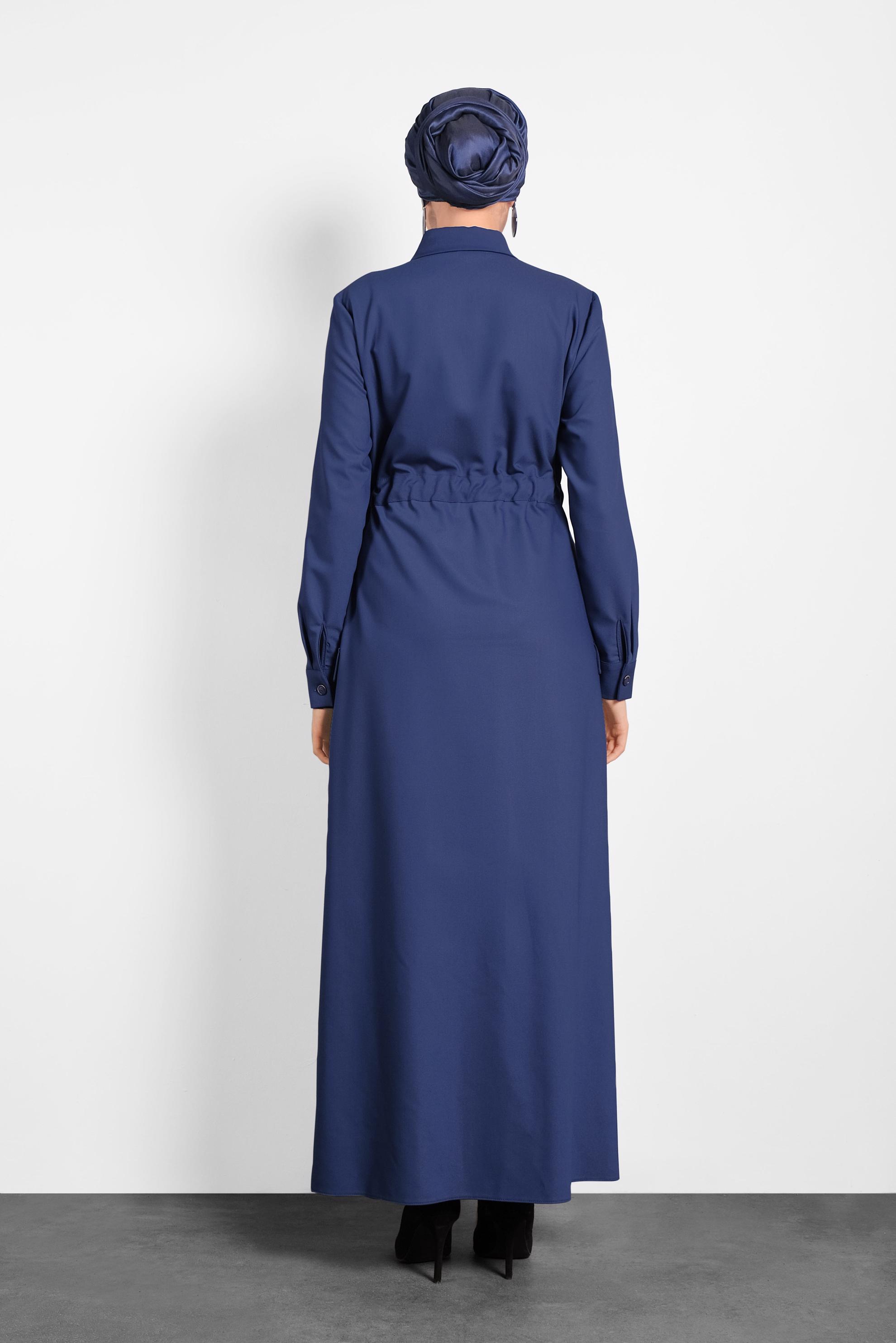 Tesettür giyim LACİVERT DÜĞMELİ BELDEN BAĞLAMALI ELBİSE 40194 