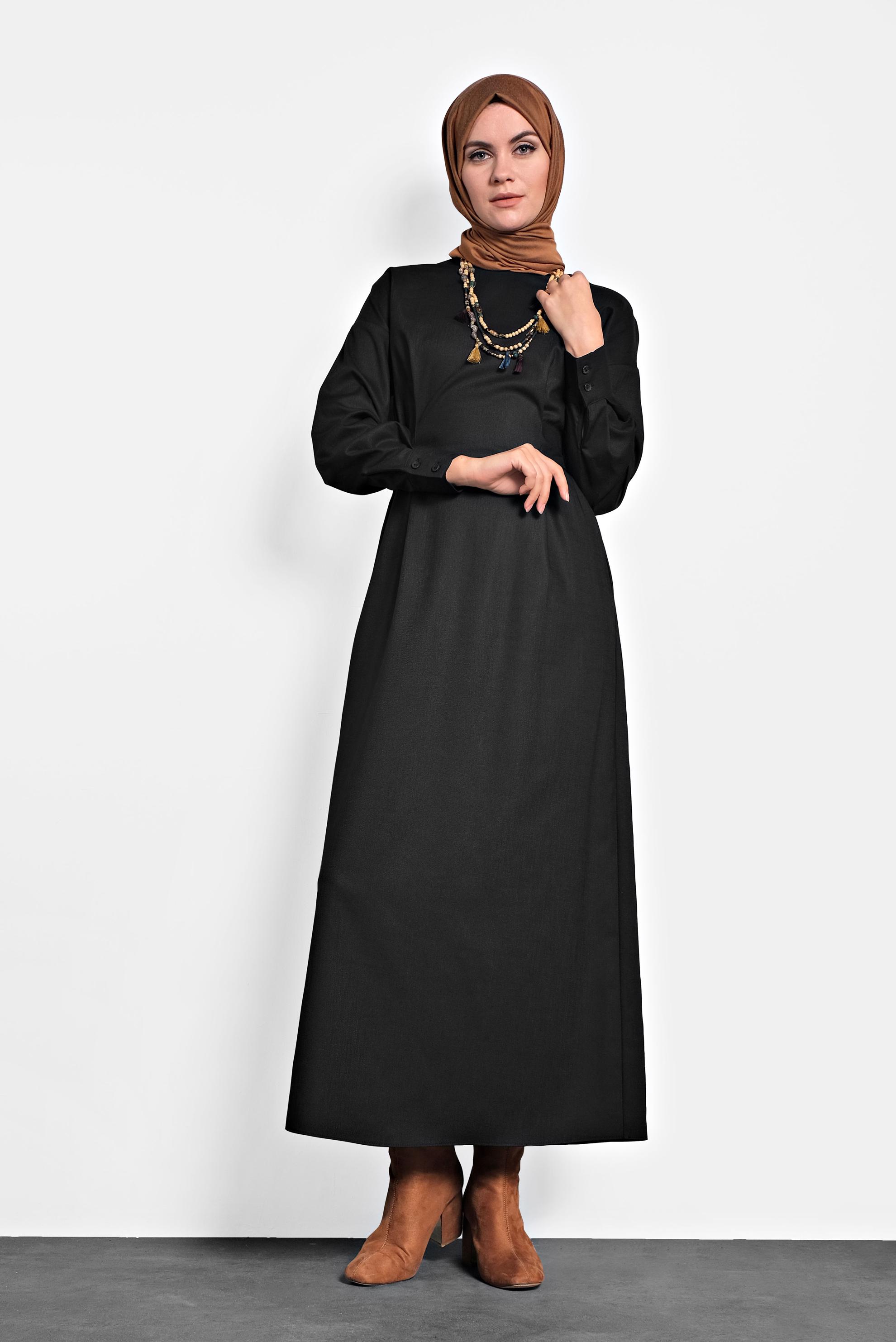 Tesettür giyim SİYAH ARKADAN KUŞAKLI FERMUARLI ELBİSE 40195