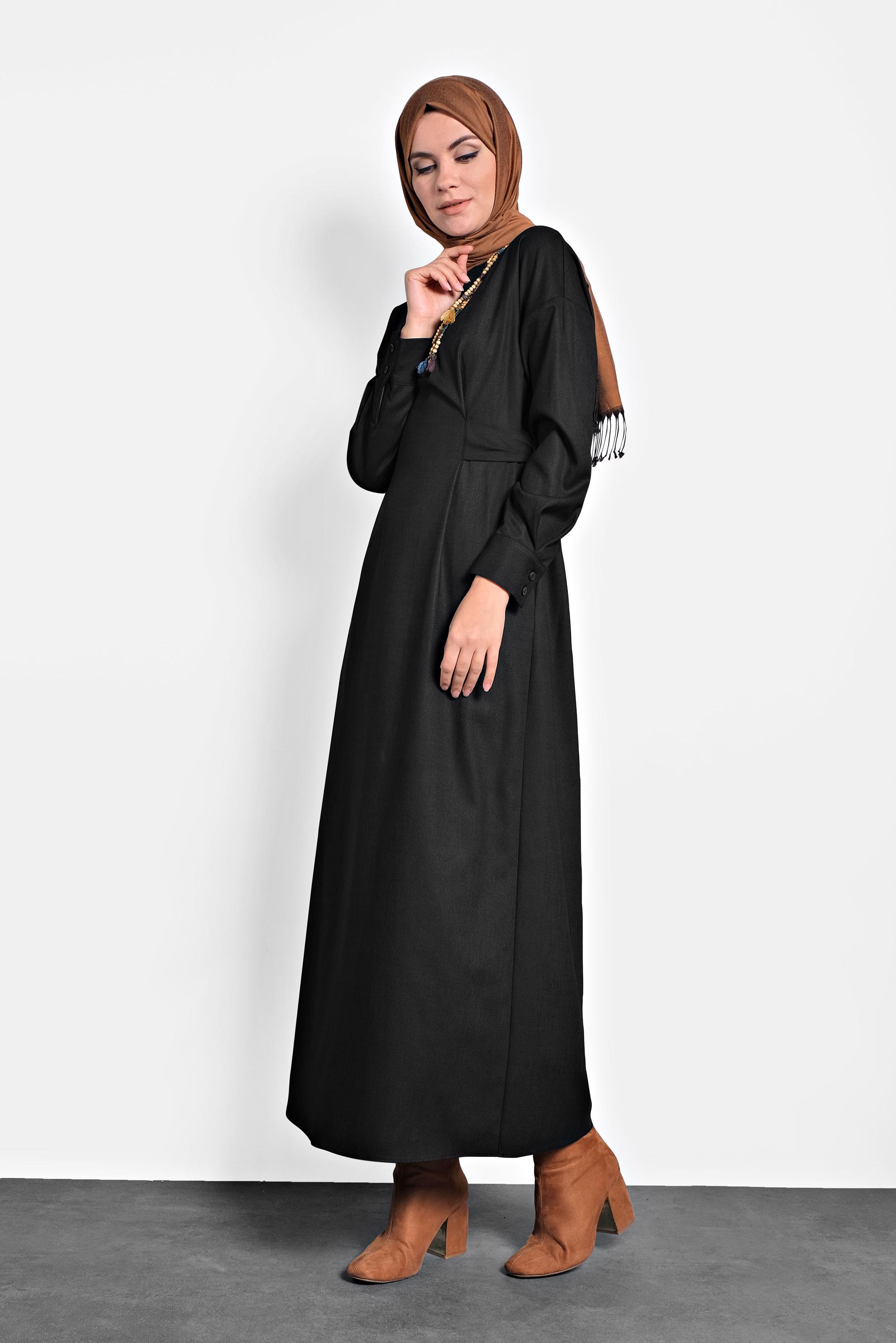 Tesettür giyim SİYAH ARKADAN KUŞAKLI FERMUARLI ELBİSE 40195