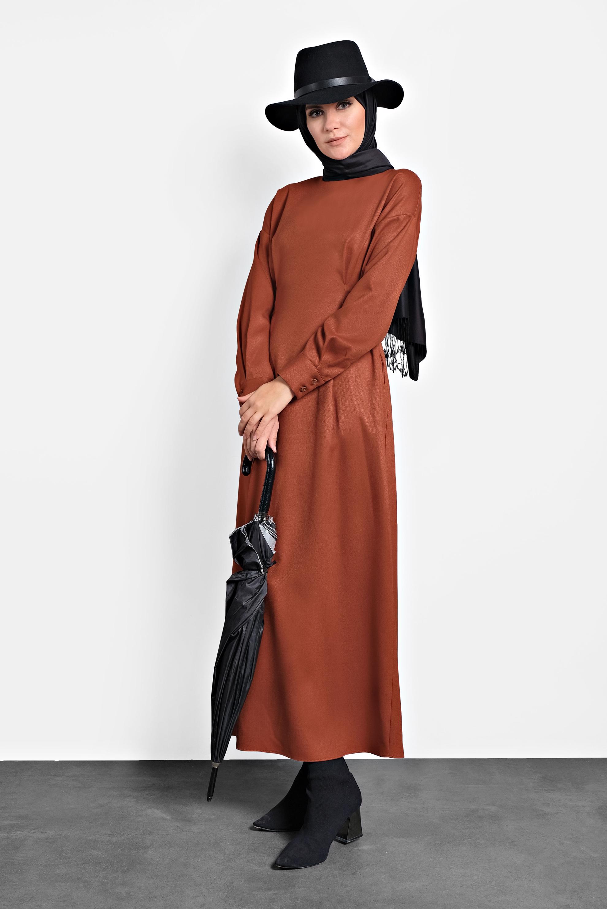 Tesettür giyim TURUNCU ARKADAN KUŞAKLI FERMUARLI ELBİSE 40195