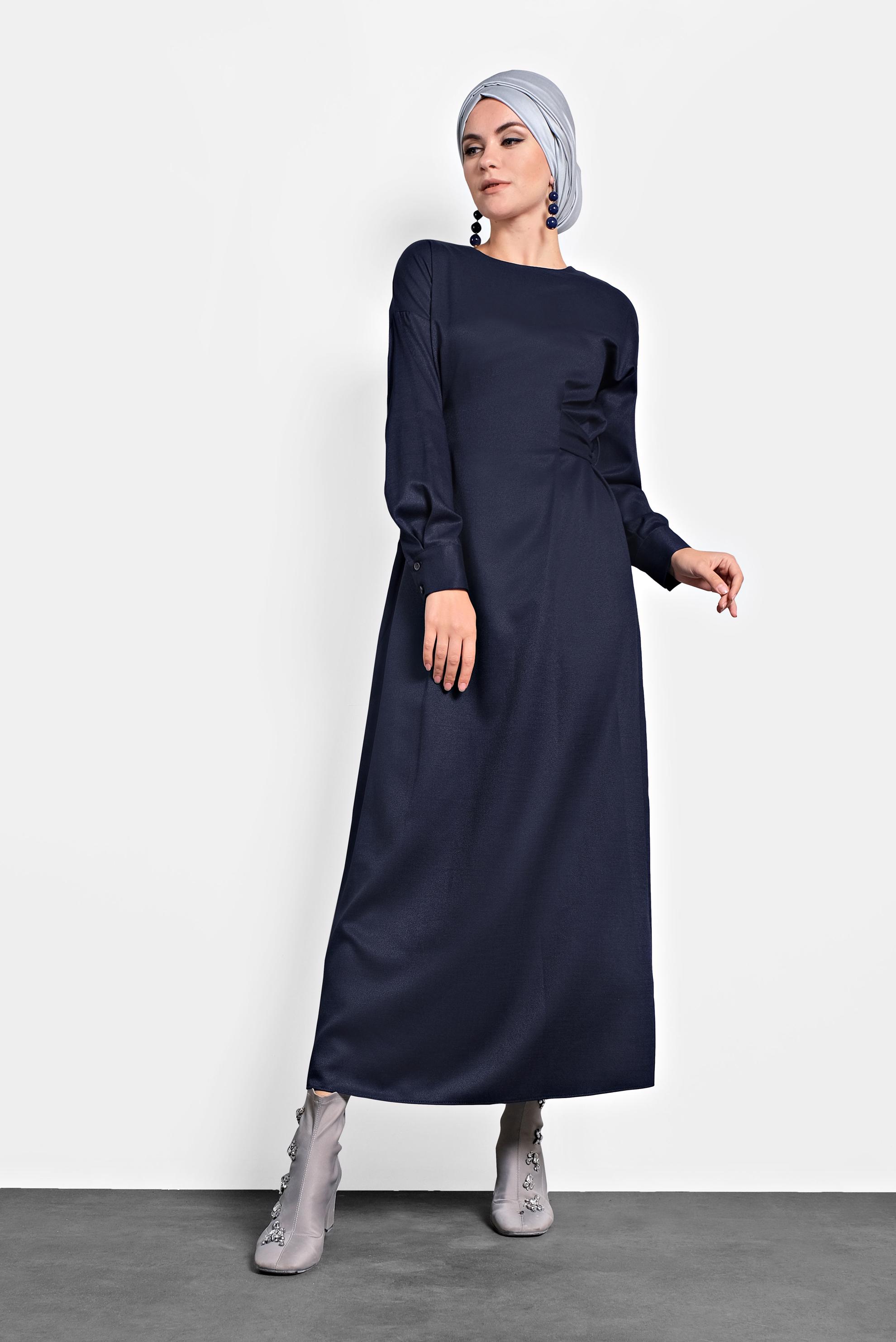 Tesettür giyim LACİVERT ARKADAN KUŞAKLI FERMUARLI ELBİSE 40195