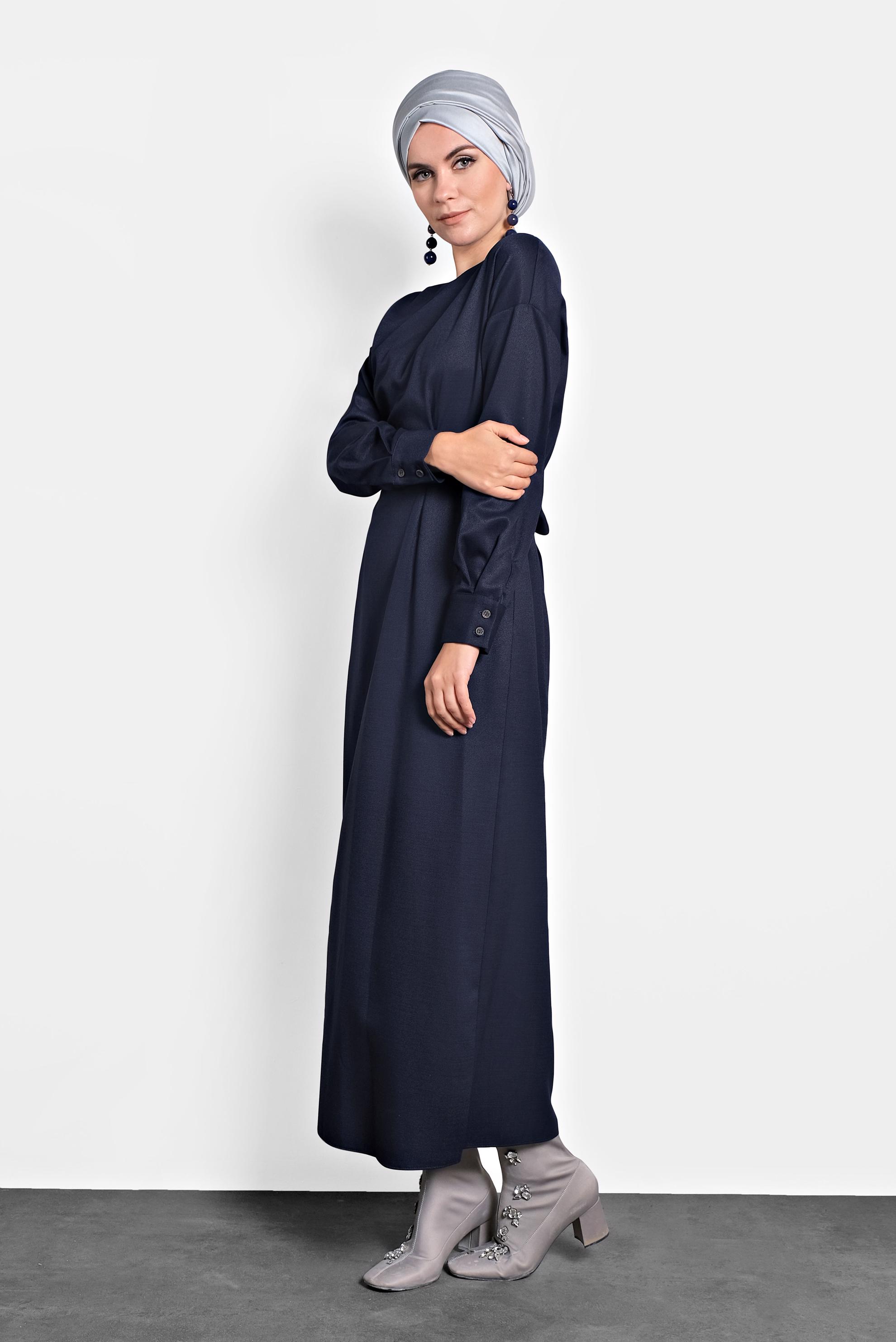 Tesettür giyim LACİVERT ARKADAN KUŞAKLI FERMUARLI ELBİSE 40195