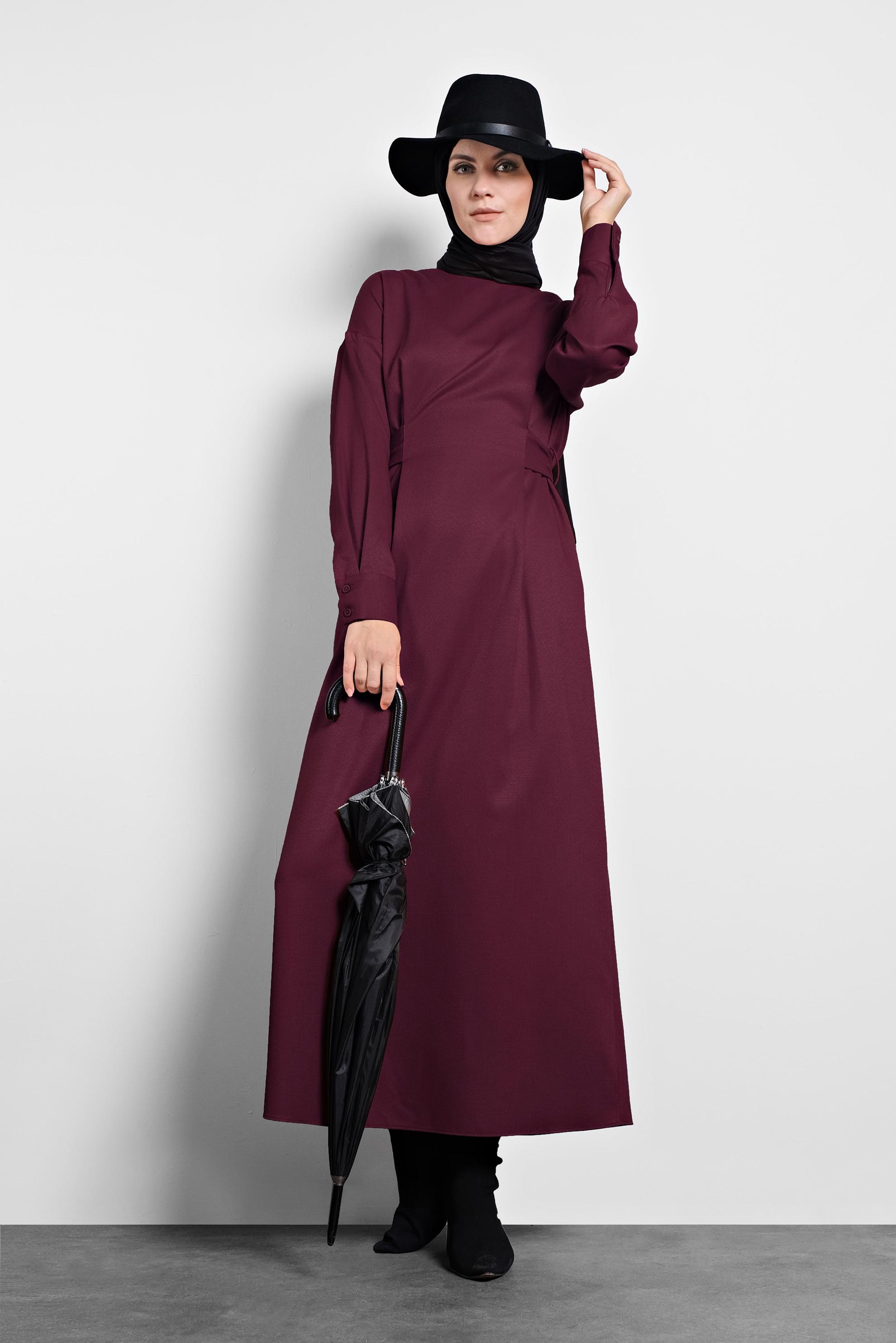 Tesettür giyim MÜRDÜM ARKADAN KUŞAKLI FERMUARLI ELBİSE 40195