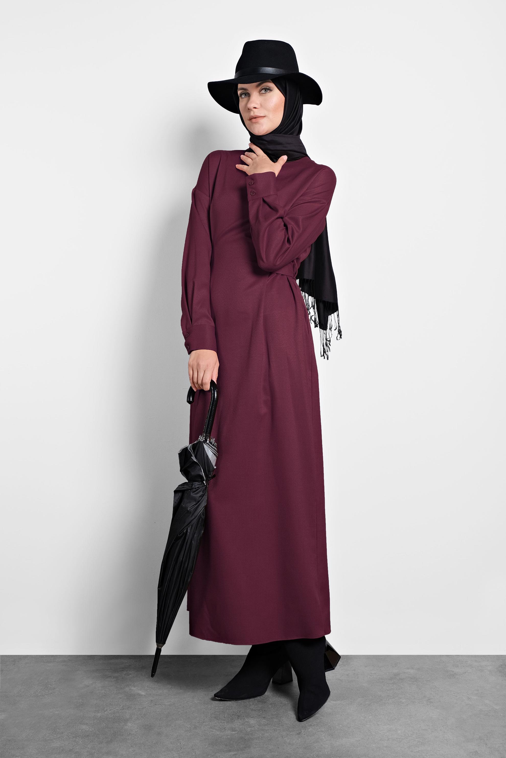 Tesettür giyim MÜRDÜM ARKADAN KUŞAKLI FERMUARLI ELBİSE 40195