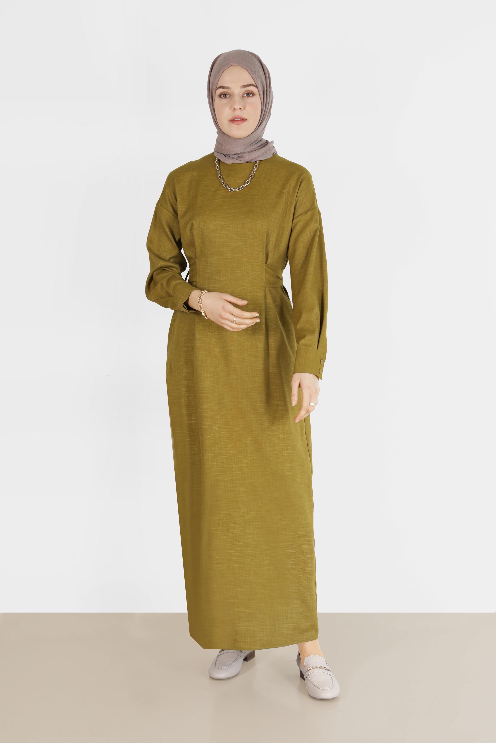 Tesettür giyim YEŞİL ARKADAN KUŞAKLI FERMUARLI ELBİSE 40195