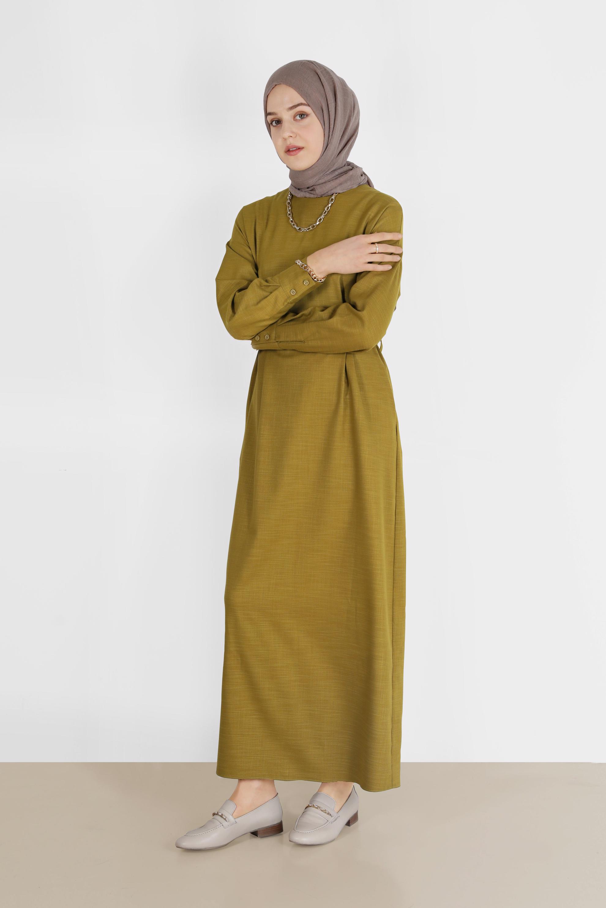 Tesettür giyim YEŞİL ARKADAN KUŞAKLI FERMUARLI ELBİSE 40195