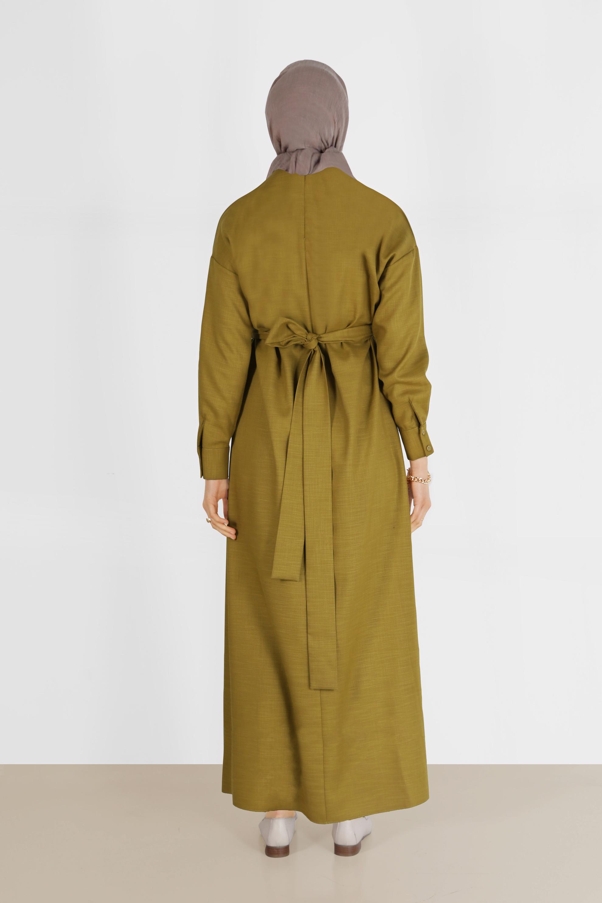 Tesettür giyim YEŞİL ARKADAN KUŞAKLI FERMUARLI ELBİSE 40195