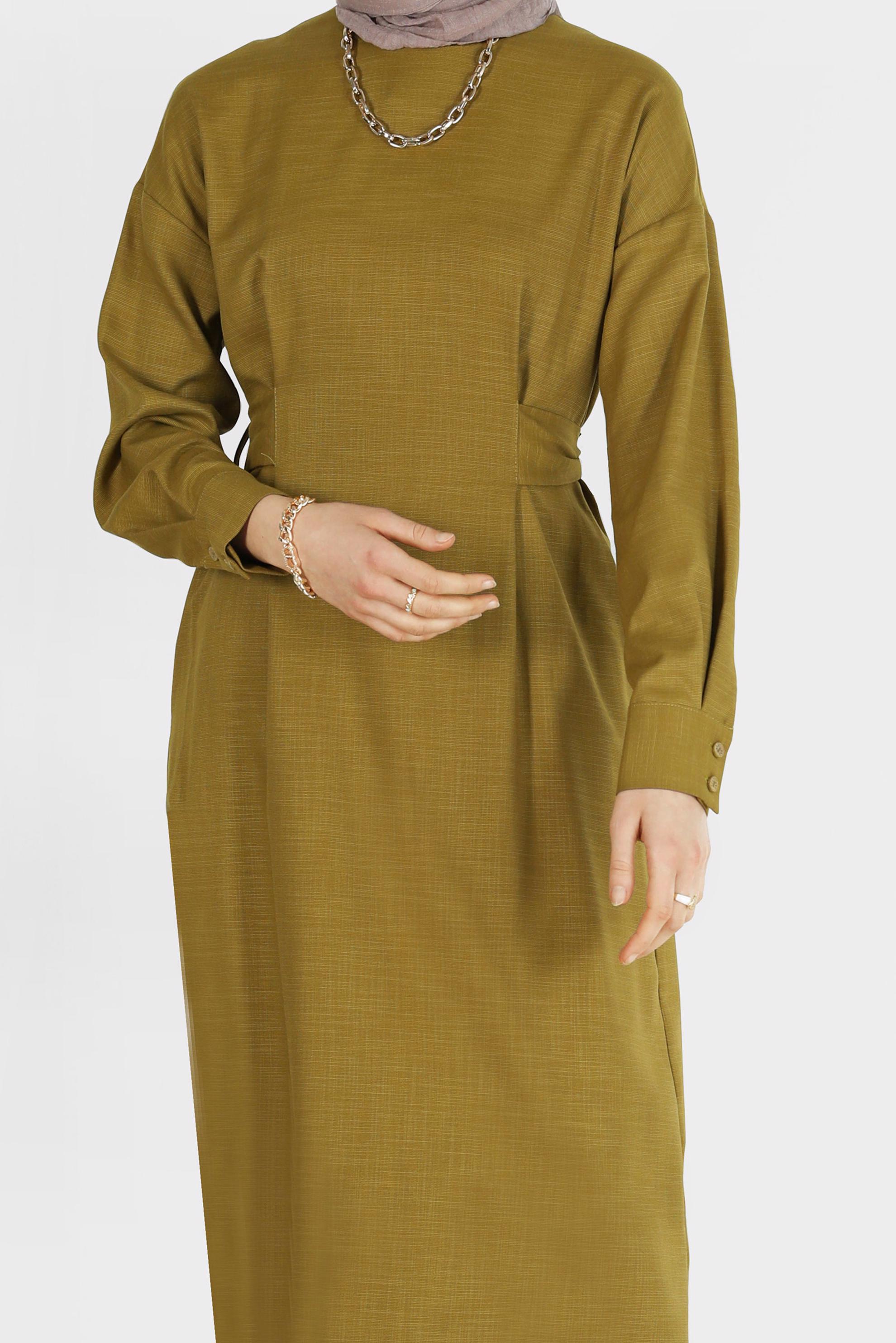 Tesettür giyim YEŞİL ARKADAN KUŞAKLI FERMUARLI ELBİSE 40195