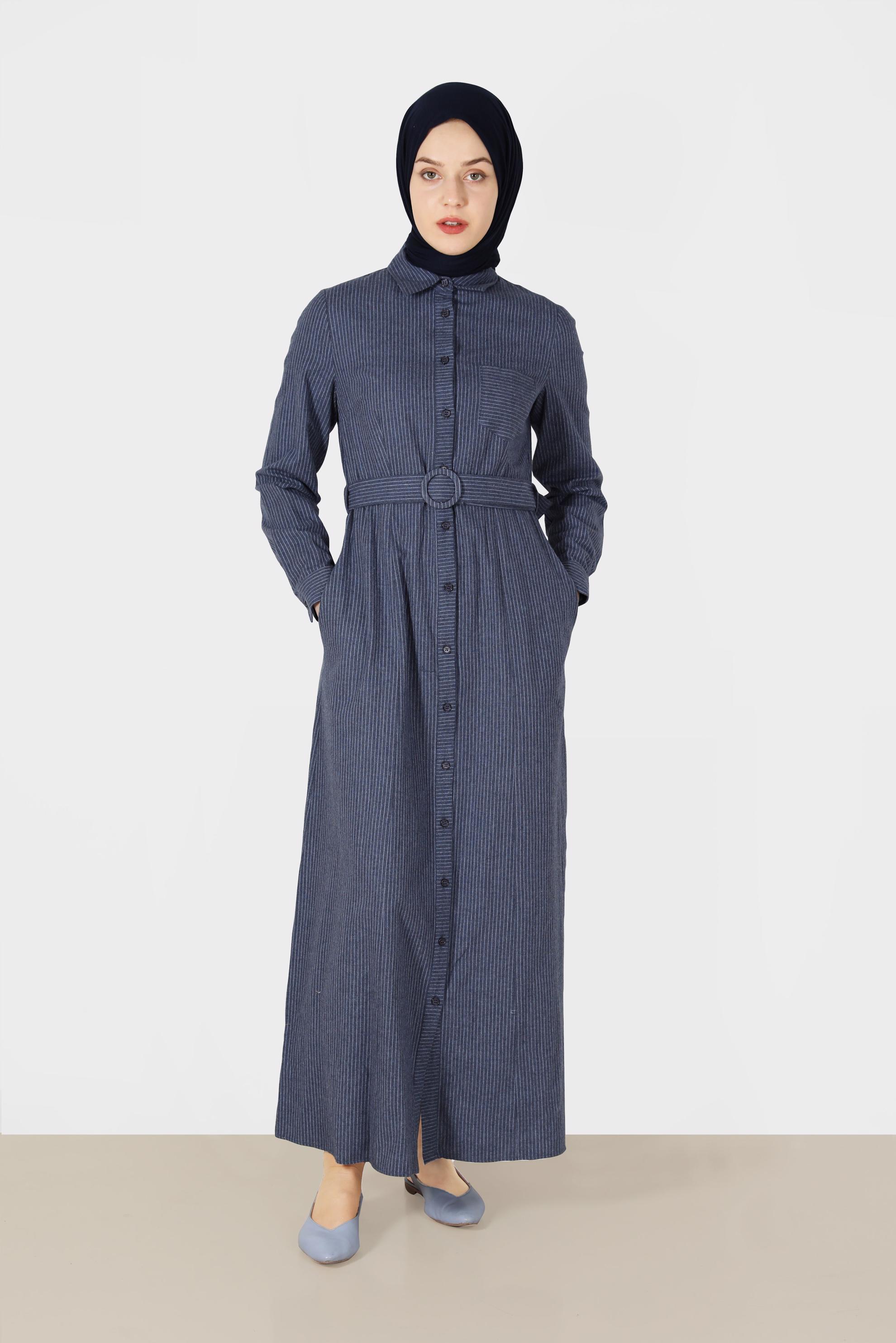 Tesettür giyim LACİVERT ÇİZGİLİ ERKEK YAKA ELBİSE 40198