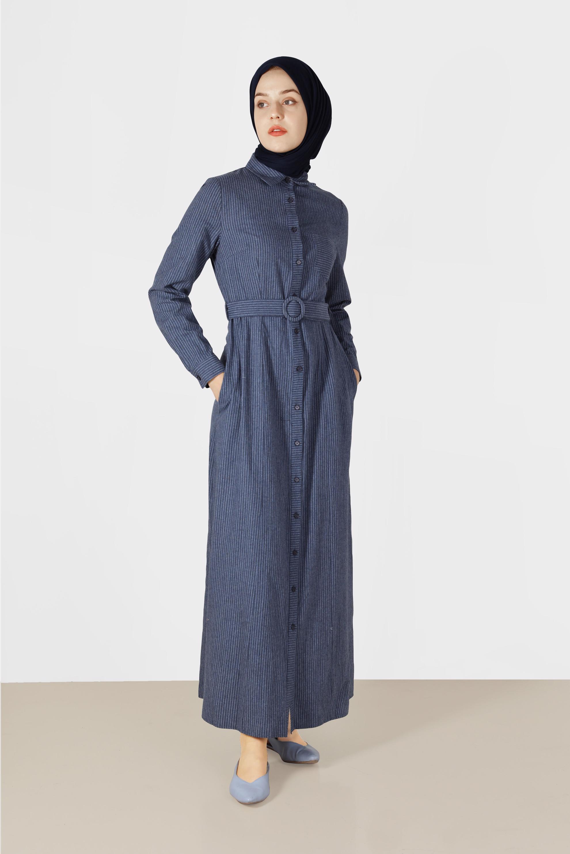 Tesettür giyim LACİVERT ÇİZGİLİ ERKEK YAKA ELBİSE 40198