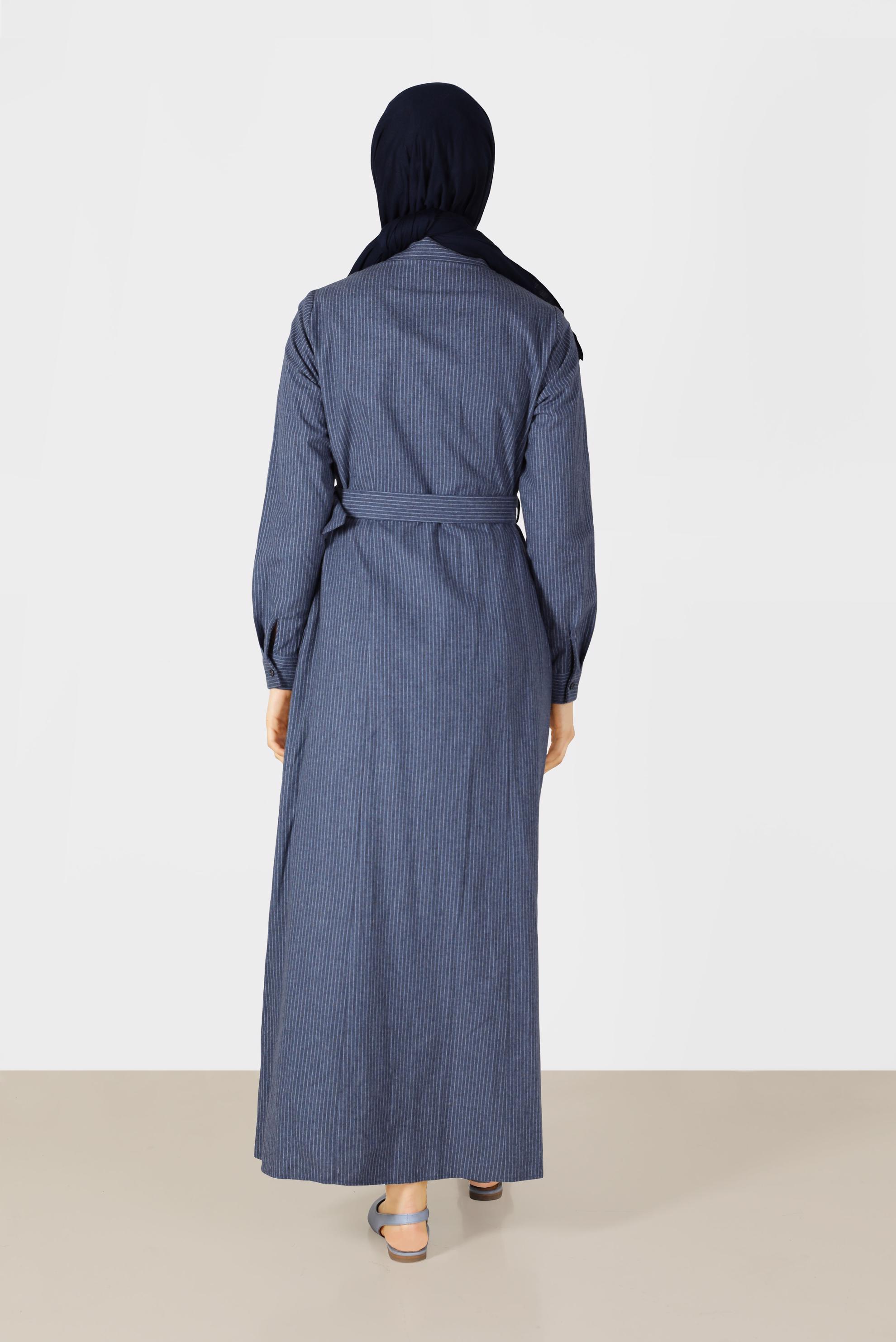Tesettür giyim LACİVERT ÇİZGİLİ ERKEK YAKA ELBİSE 40198