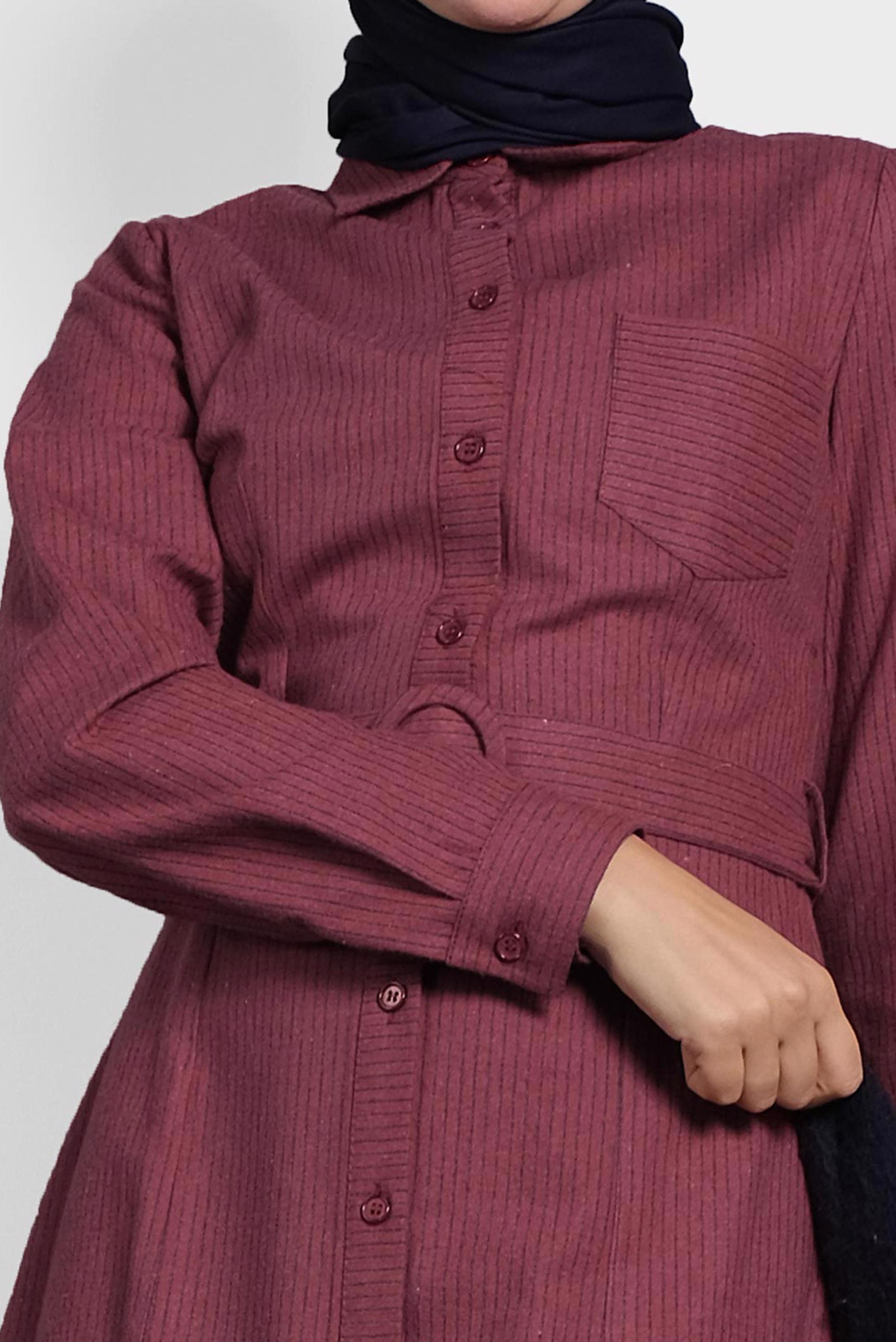 Tesettür giyim KIRMIZI ÇİZGİLİ ERKEK YAKA ELBİSE 40198