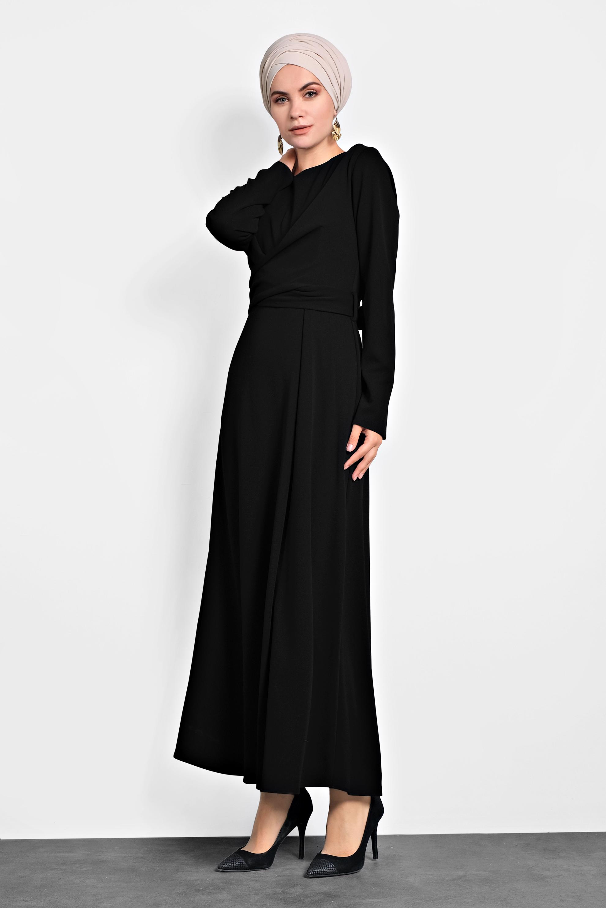 Tesettür giyim SİYAH ÇAPRAZ BAĞLAMALI ELBİSE 40199