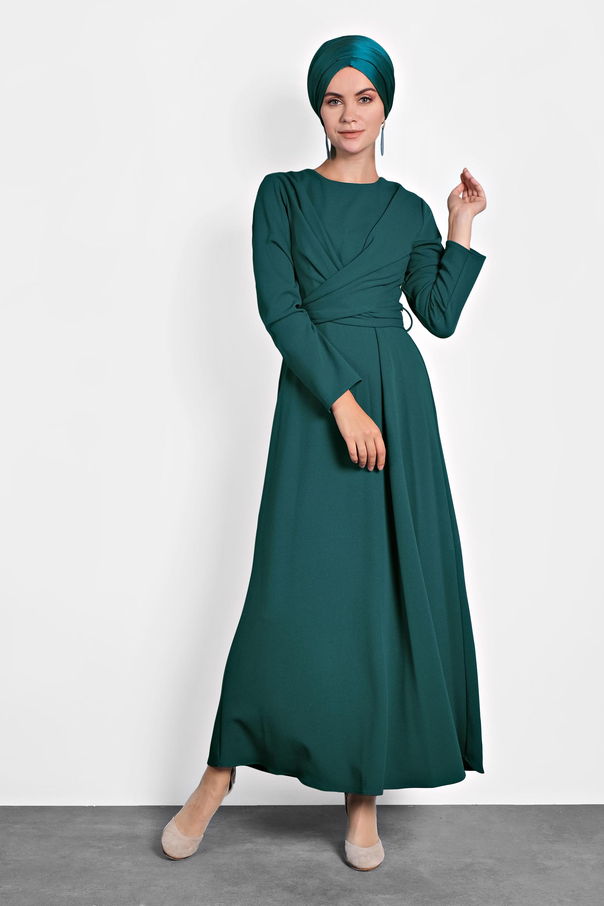 Tesettür giyim YEŞİL ÇAPRAZ BAĞLAMALI ELBİSE 40199